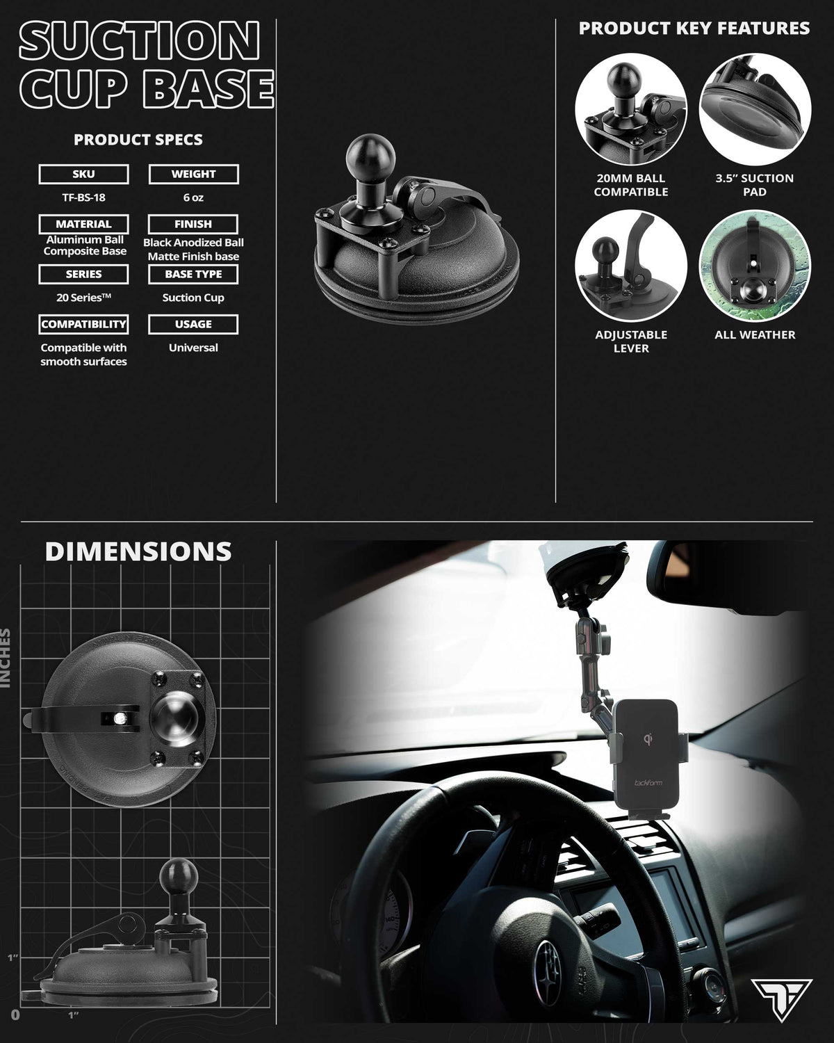 Tackform SC02-20L suction cup phone mount with 7 inch modular arm for semi truck, universal fit
