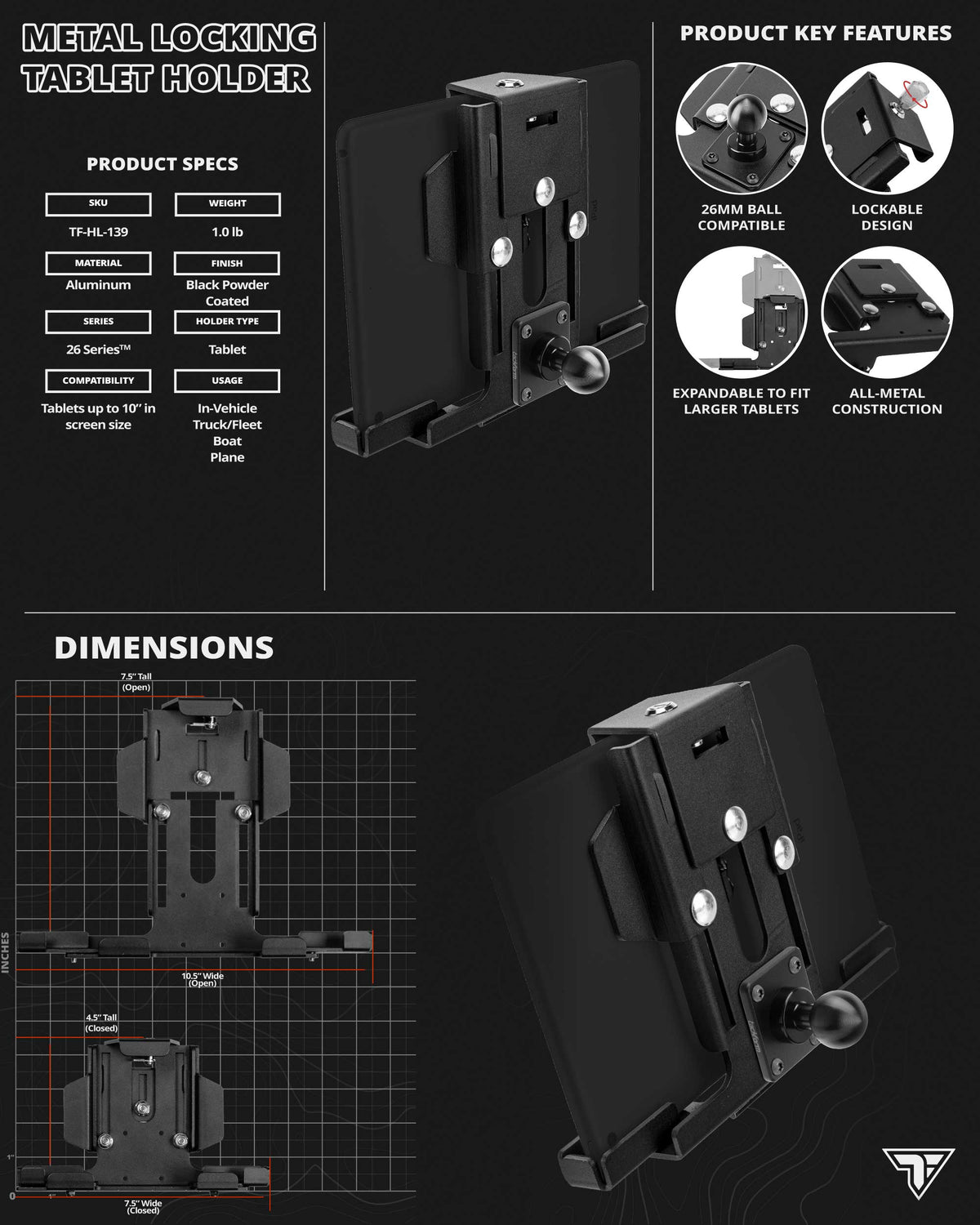 Tackform AMD1-MTL industrial locking dash mount for tablet, universal fit
