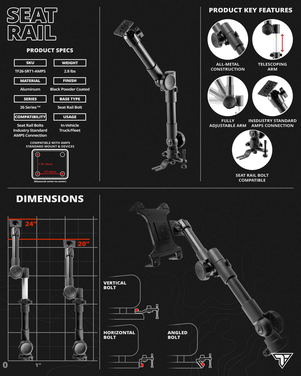 Tackform TF26-SRT1-TAB seat rail tablet mount with 20"-24" telescoping arm, universal fit