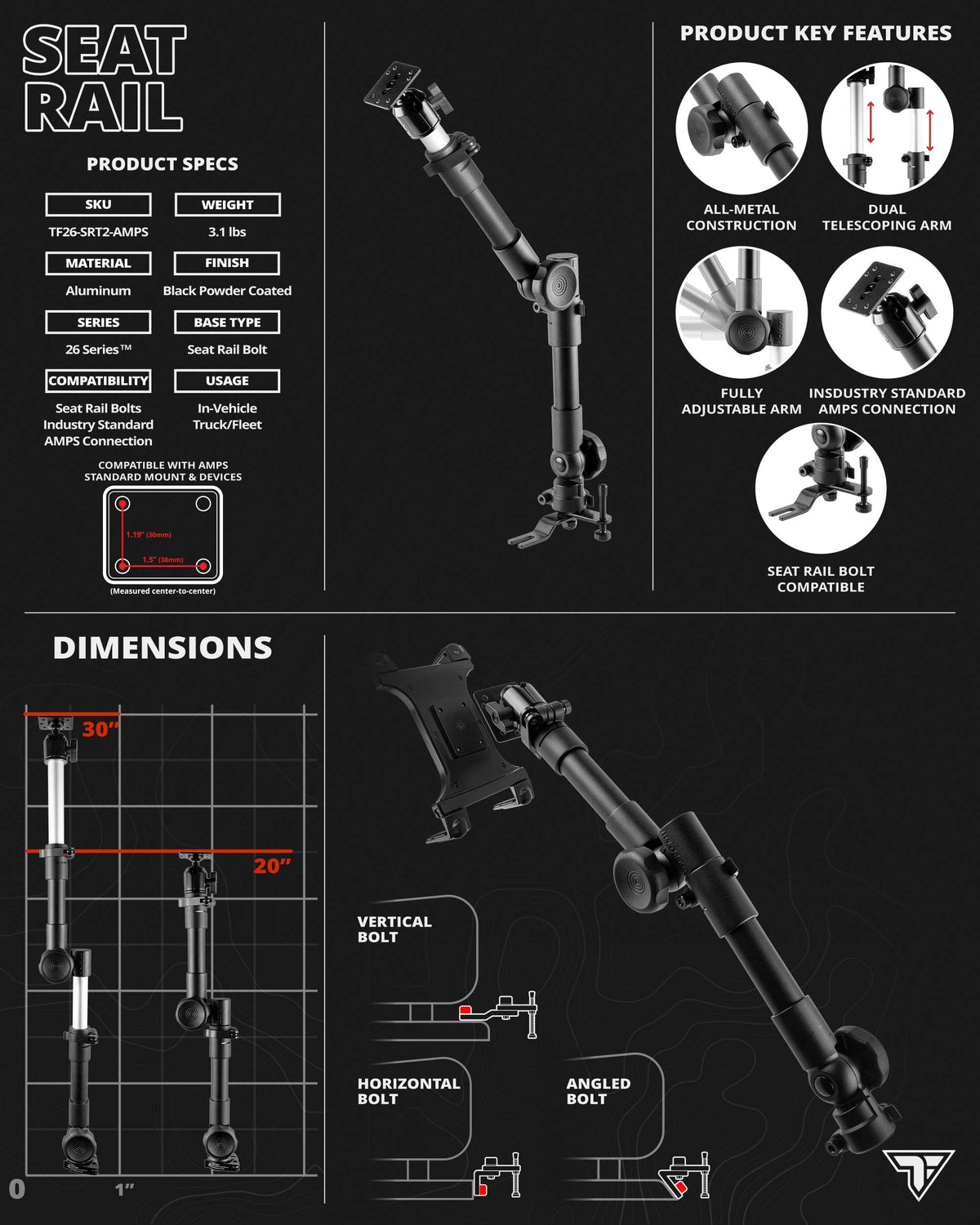 Tackform seat rail floor bolt tablet mount with 30 inch arm for universal fit
