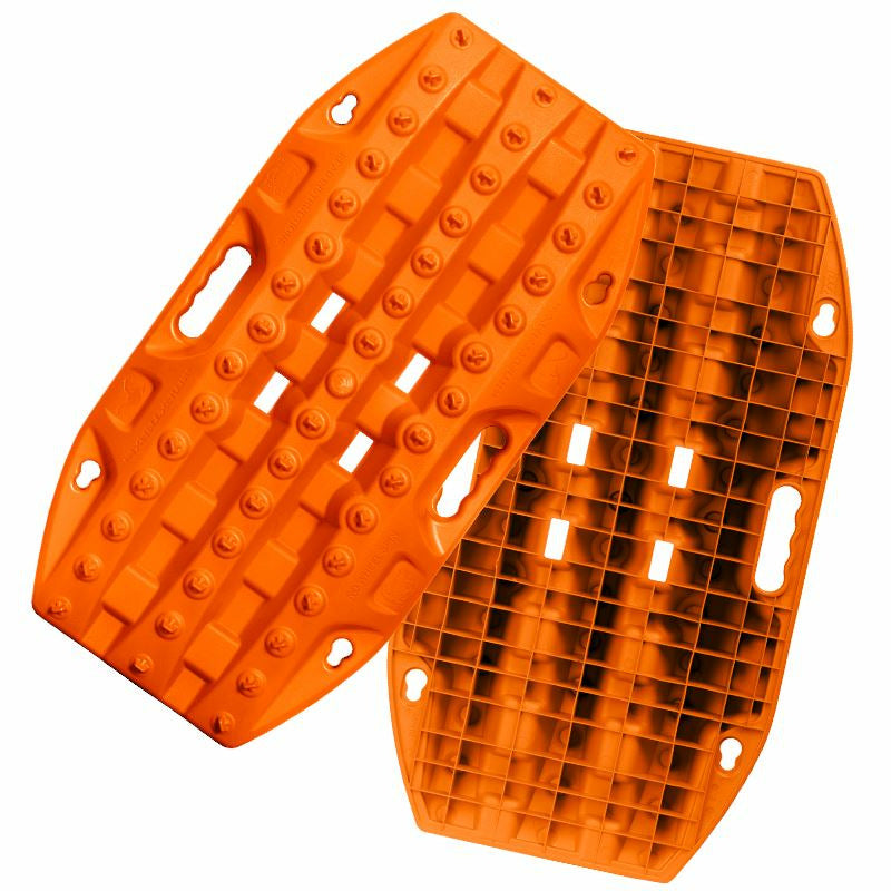 Pair of bright orange recovery traction boards for off-road vehicle rescue