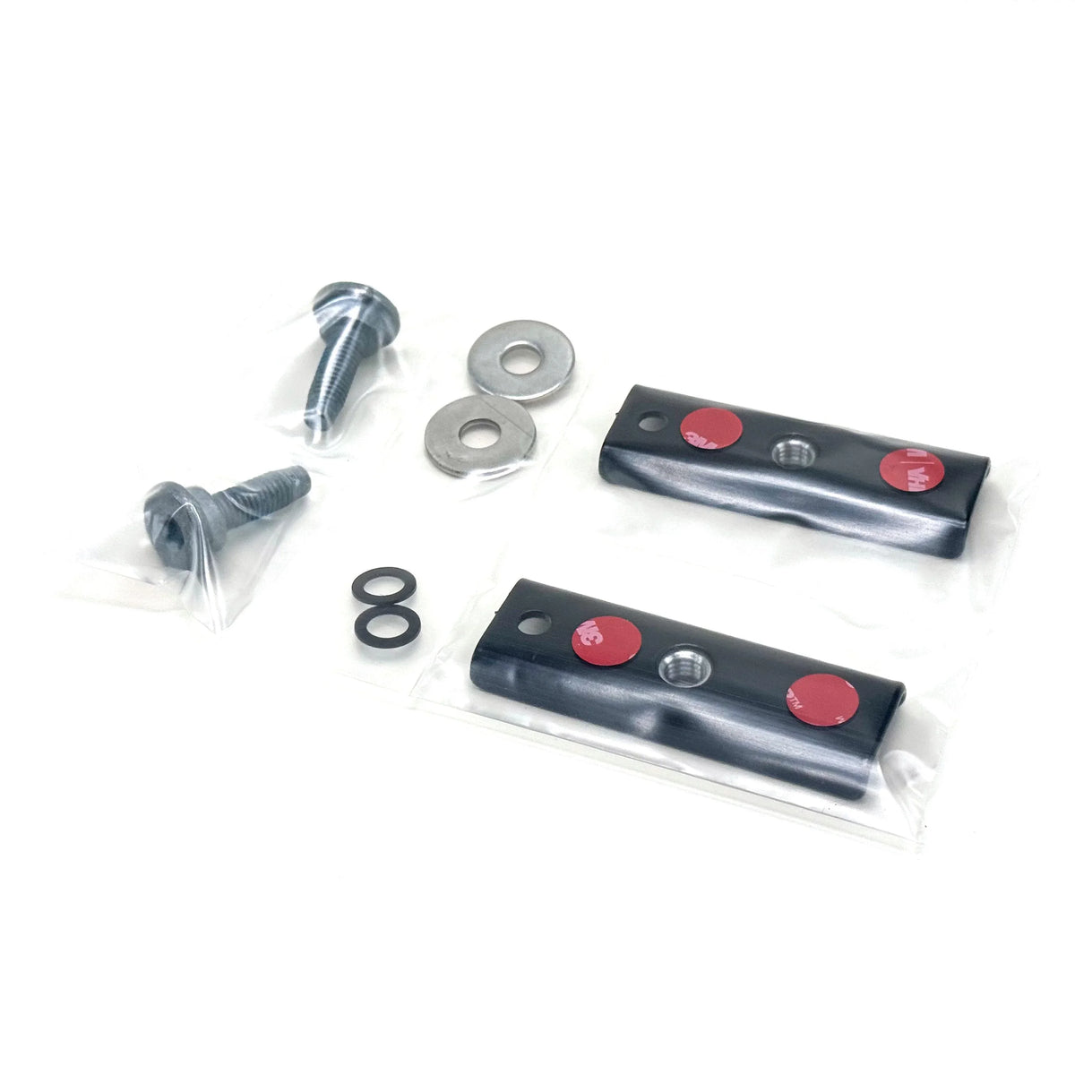 Mounting kit for billet D-rings with bolts, washers, and metal brackets on white background