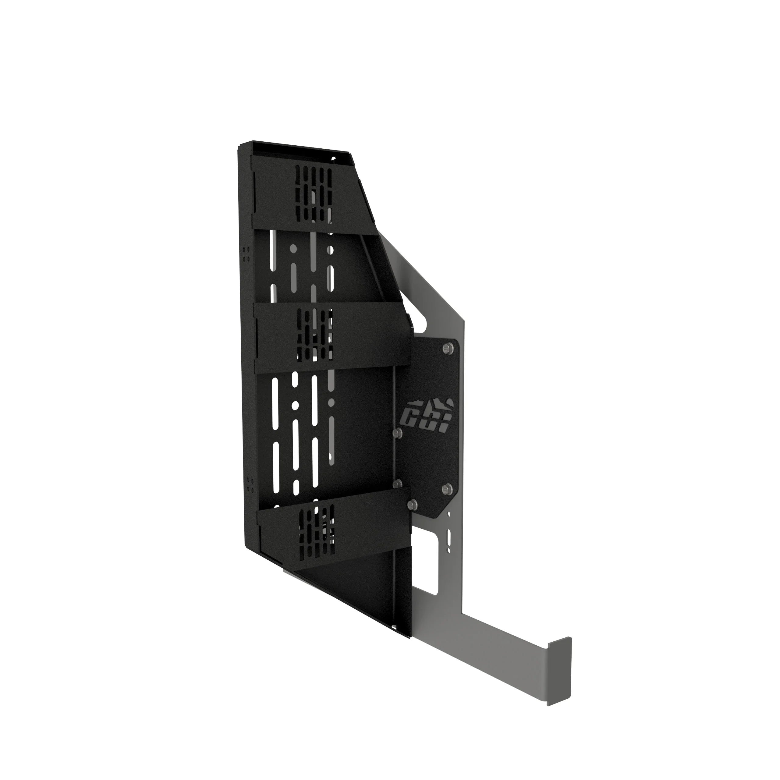 Black modular overland vehicle mounting bracket with slotted panels for accessories