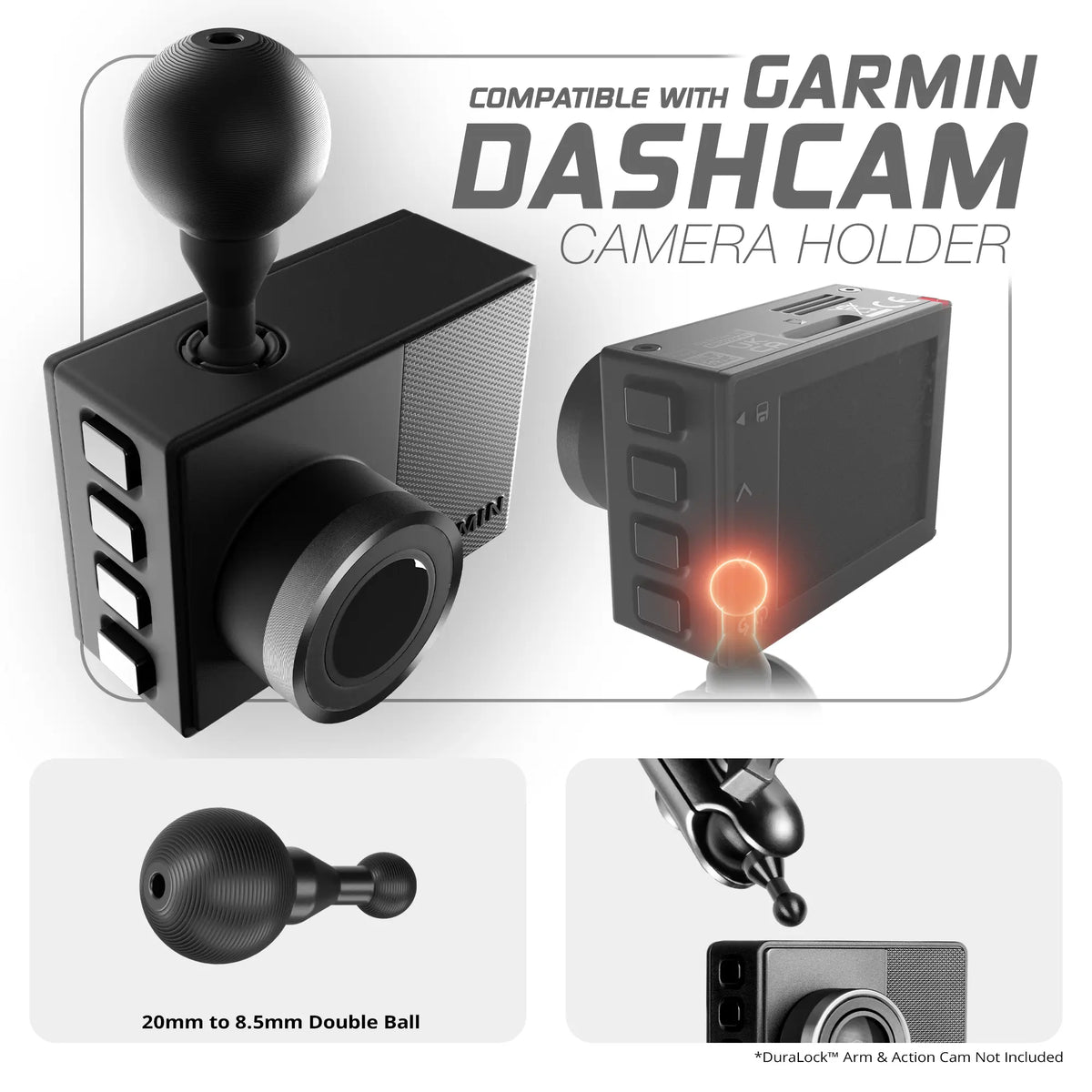 Tackform 8.5mm to 20mm double ball adapter for Garmin dash cam, universal fit