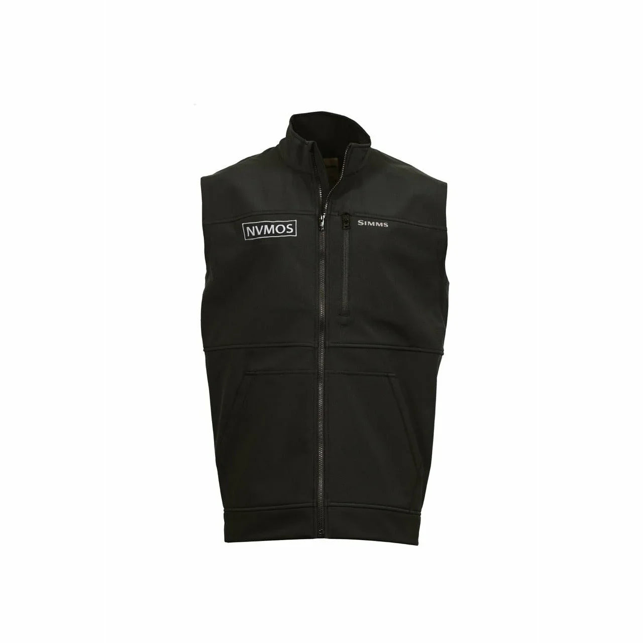 Black sleeveless outdoor vest with front zipper, chest pocket, and visible NVMOS and SIMMS logos.