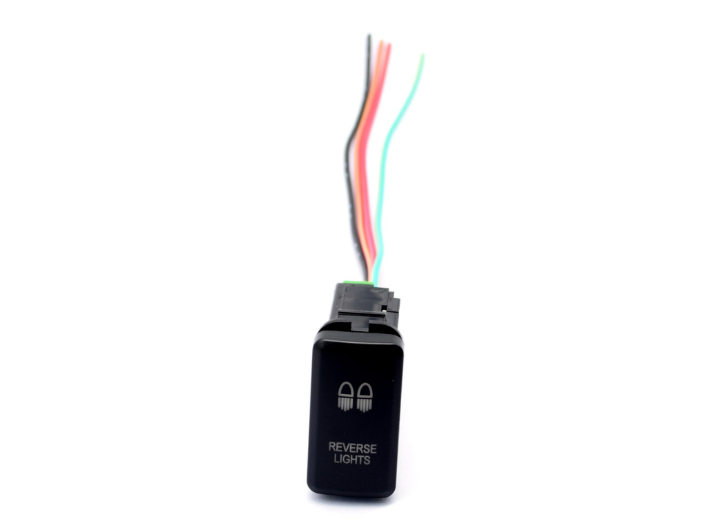 Black reverse lights switch with colored wires for Toyota and Jeep overland vehicles