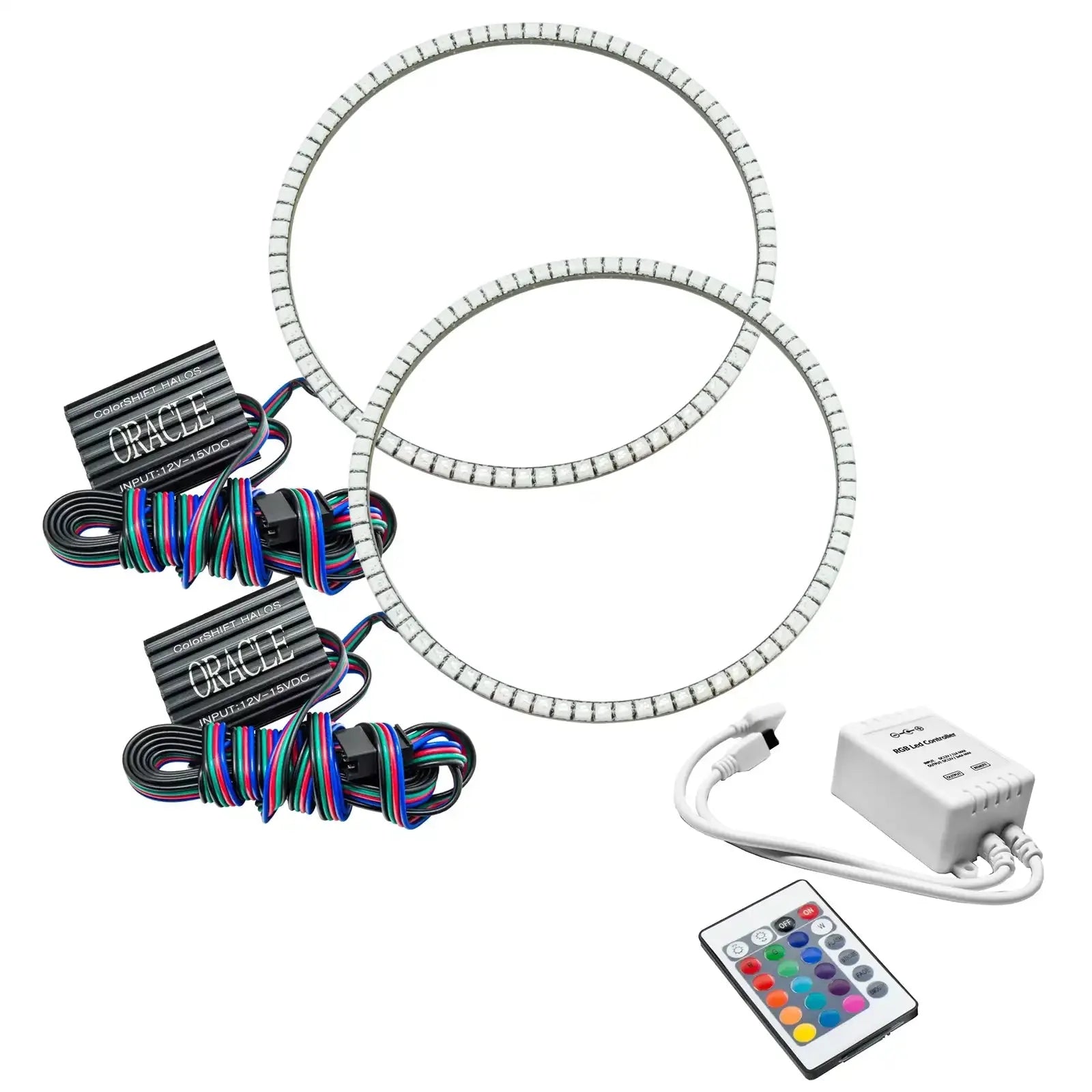 LED halo ring headlight kit with wiring, controller, and remote for off-road vehicles