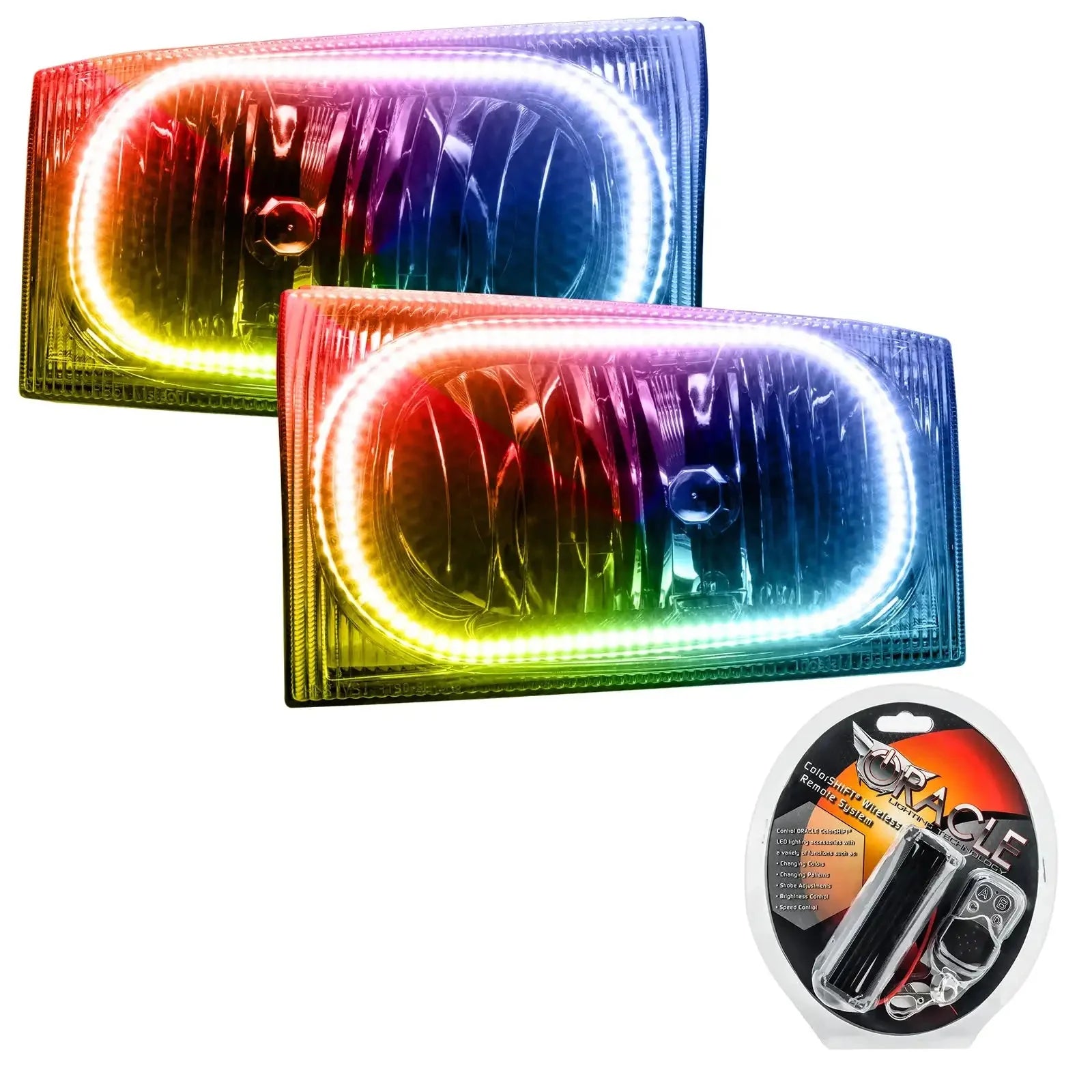 Pair of rectangular LED headlights with multicolor halo rings and remote control kit