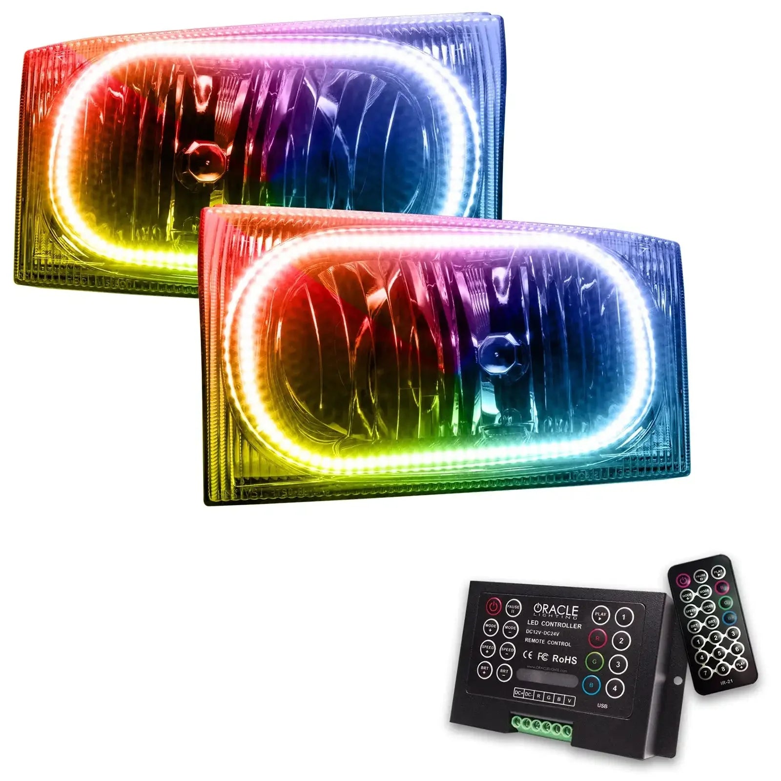 Pair of rectangular RGB LED halo headlights with remote and controller for off-road vehicles