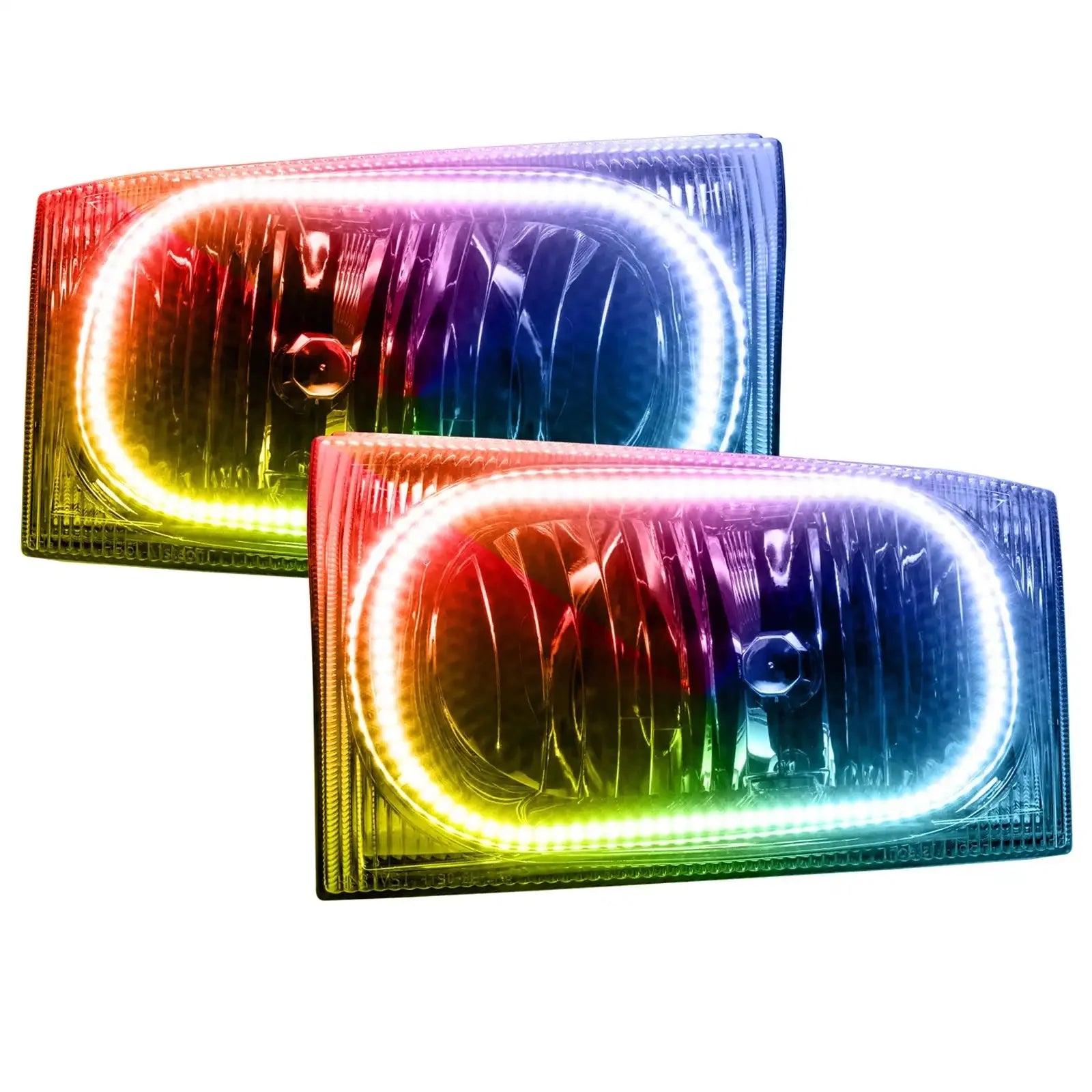 Pair of rectangular RGB LED halo headlights for off-road vehicles and trucks