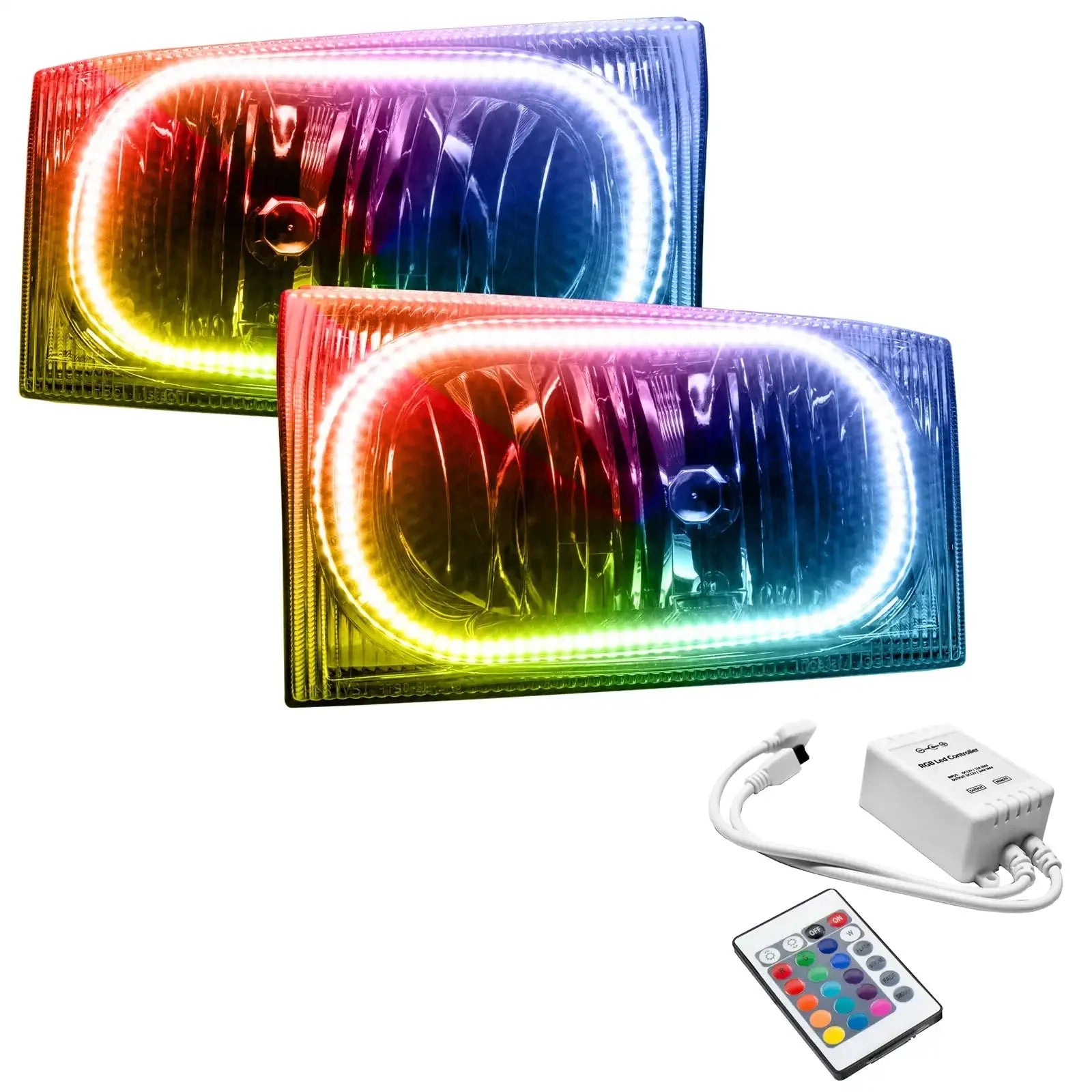 Pair of rectangular RGB LED halo headlights with remote control for off-road vehicles
