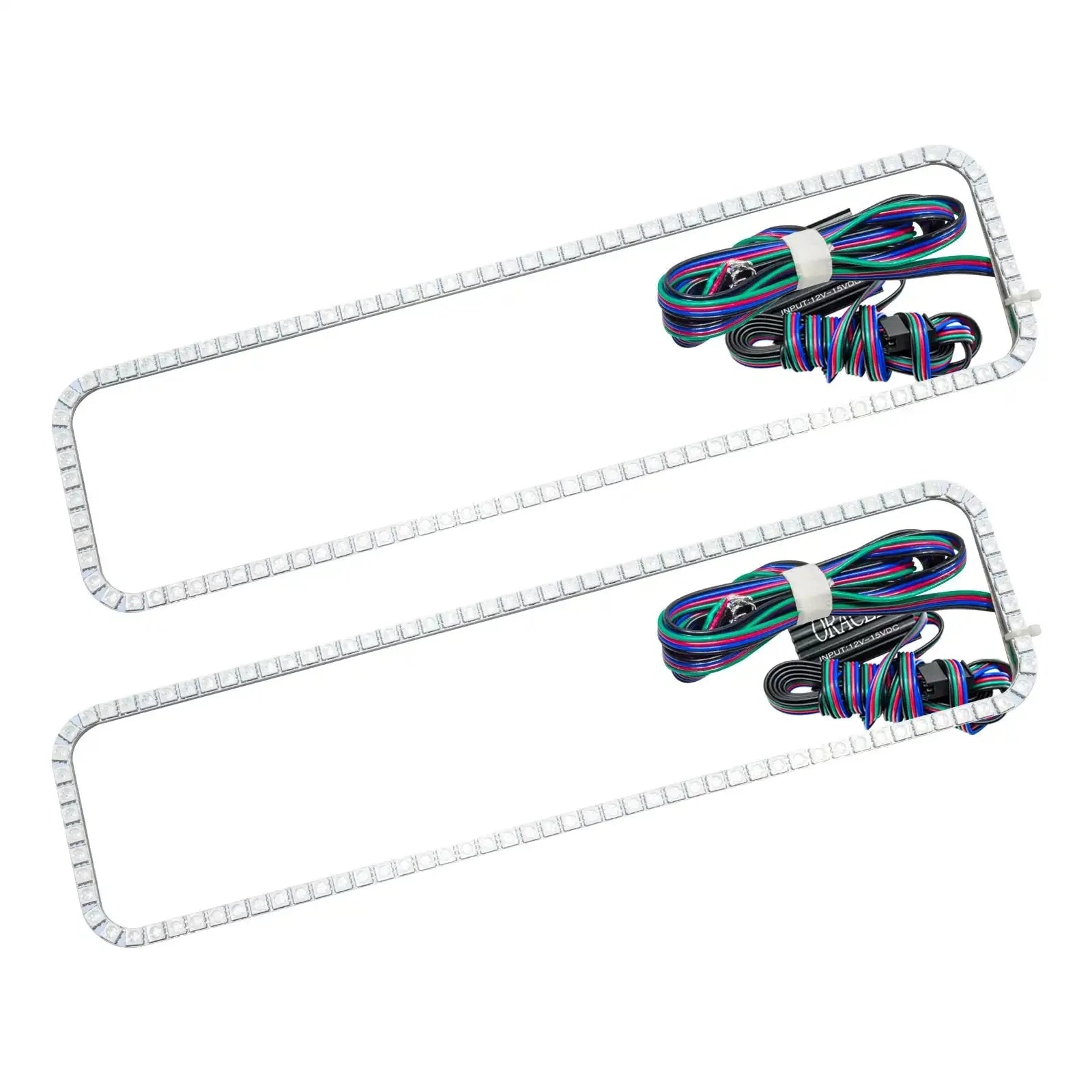 Pair of rectangular LED light strips with multi-color wiring for vehicle headlights or grills