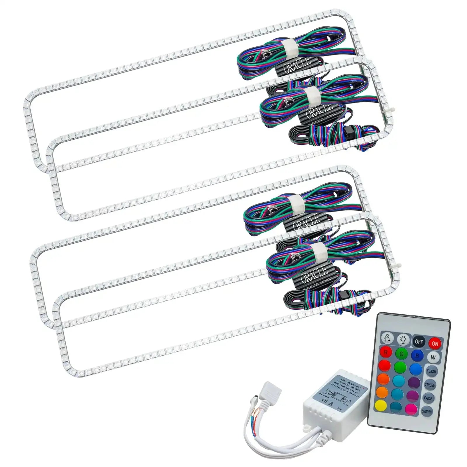 RGB LED light kit with wiring harness and remote for vehicle headlights, overlanding accessory