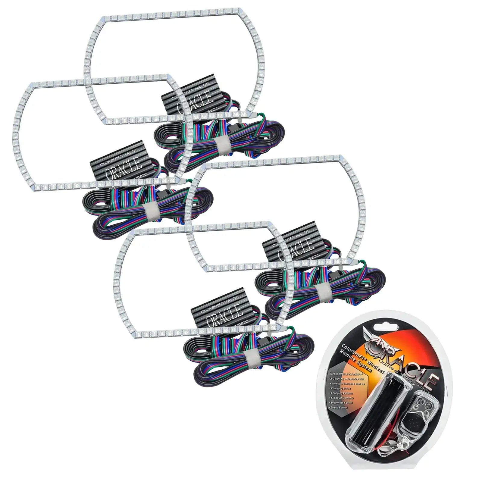 LED headlight halo rings with wiring and remote kit for off-road vehicles