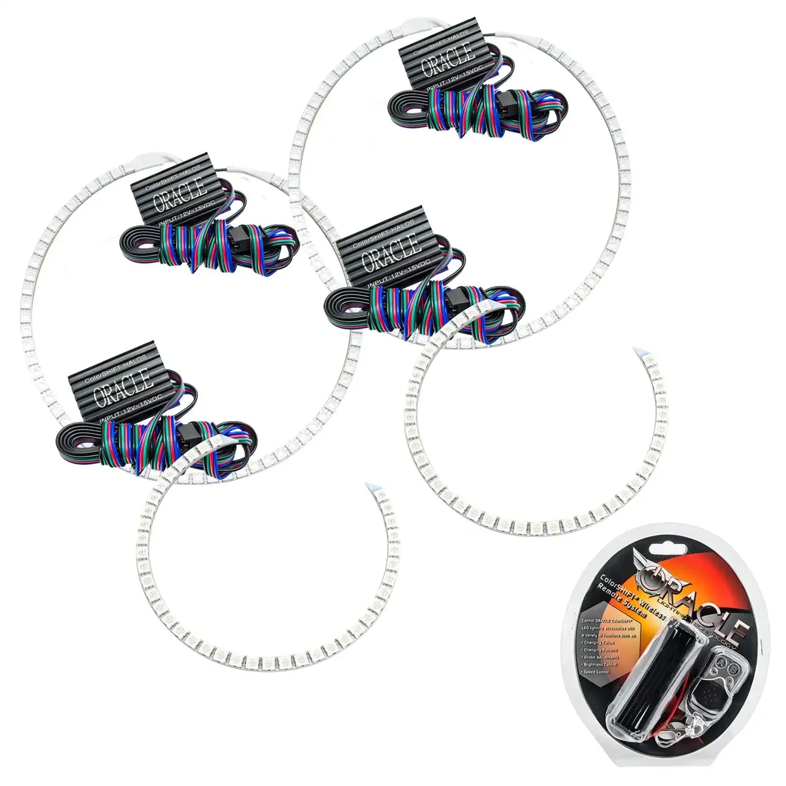 LED halo ring lighting kit with wiring and remote for vehicle headlights