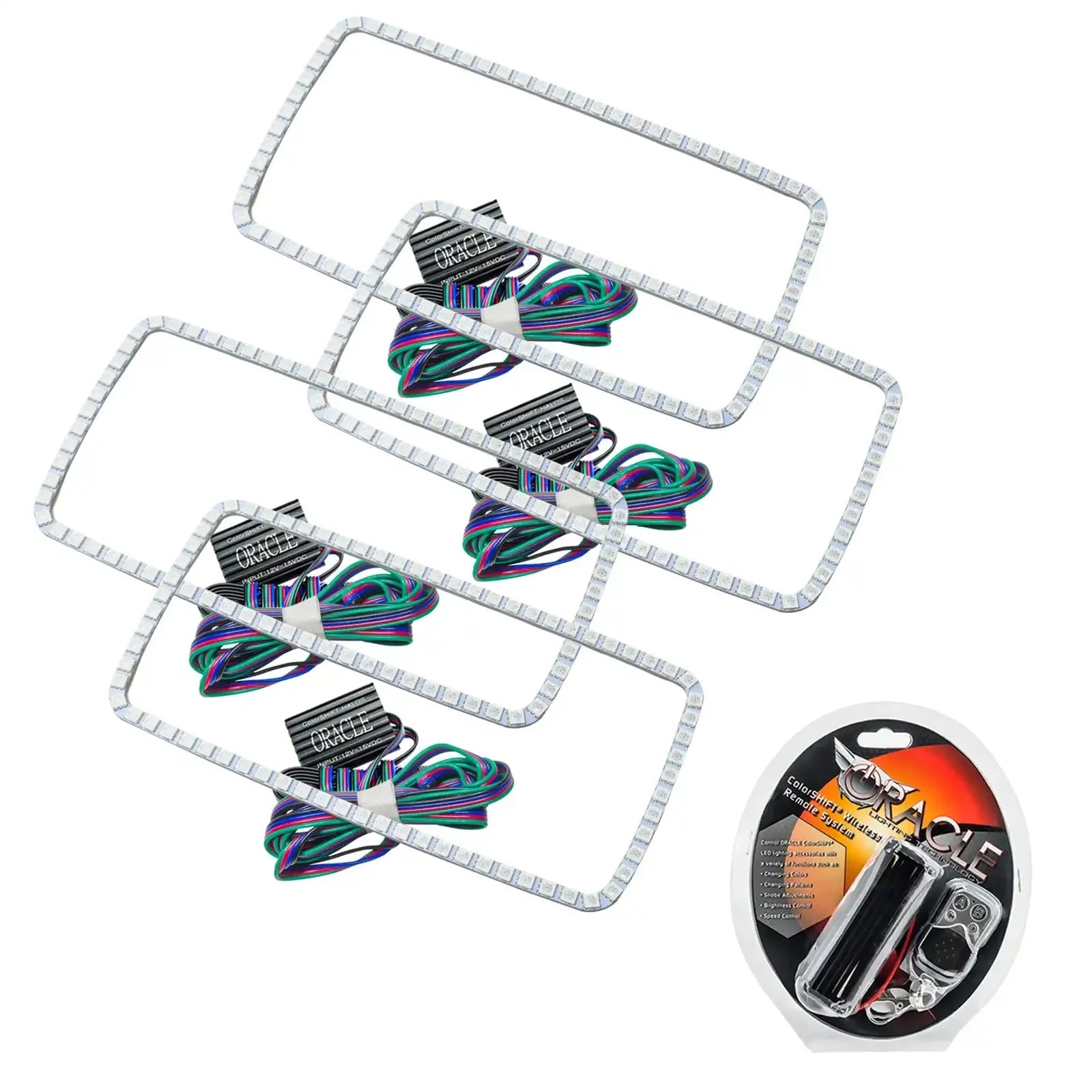 RGB LED headlight halo ring kit with wiring and remote, compatible with off-road vehicles