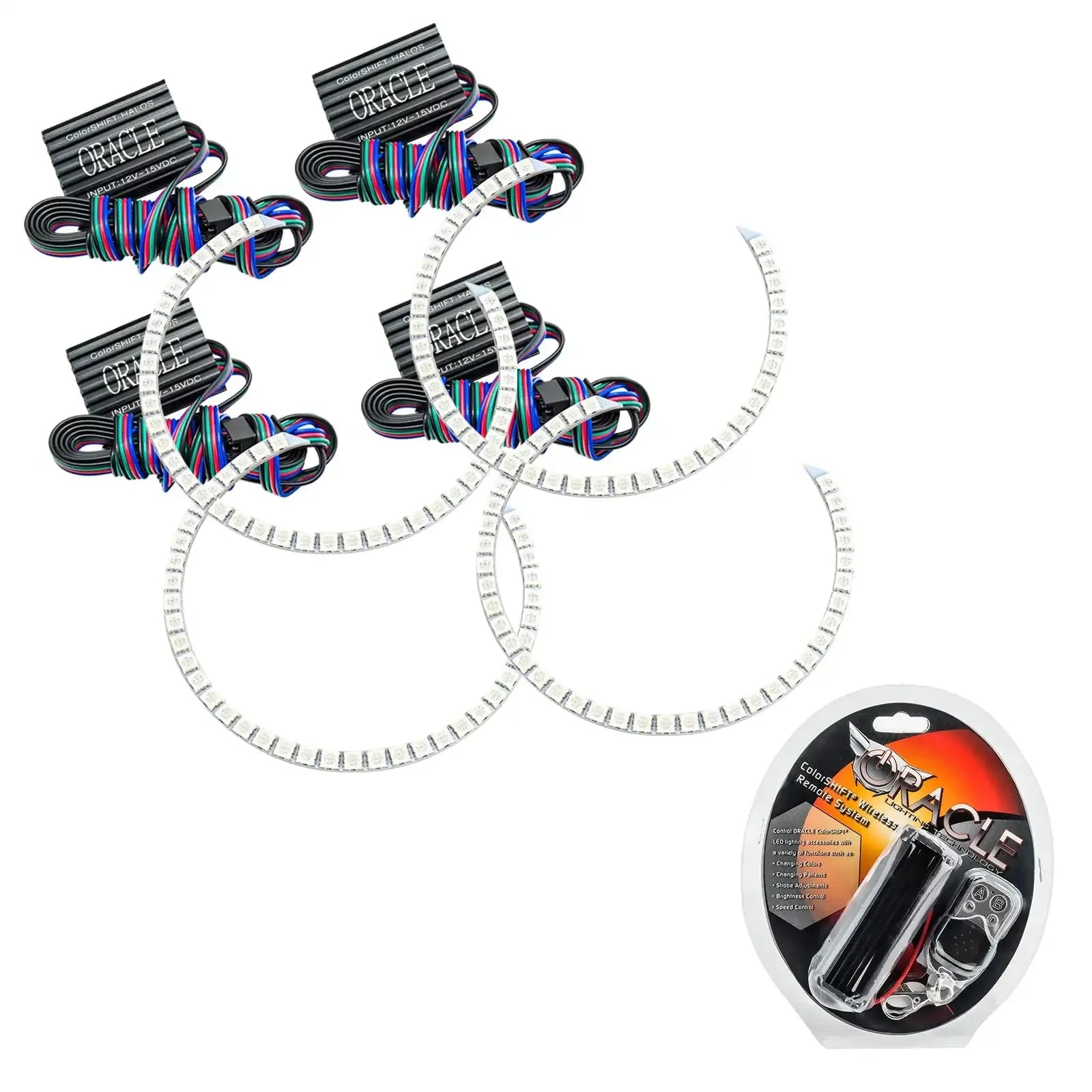 RGB LED halo ring light kit with wiring and remote, ideal for vehicle headlights