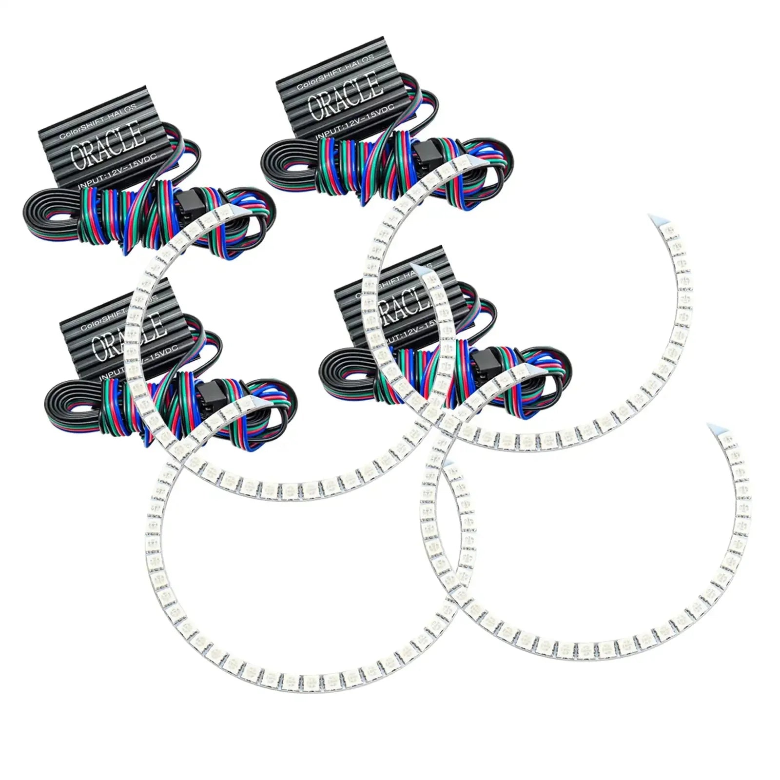RGBW LED halo rings with wiring harness, suitable for vehicle headlight upgrades