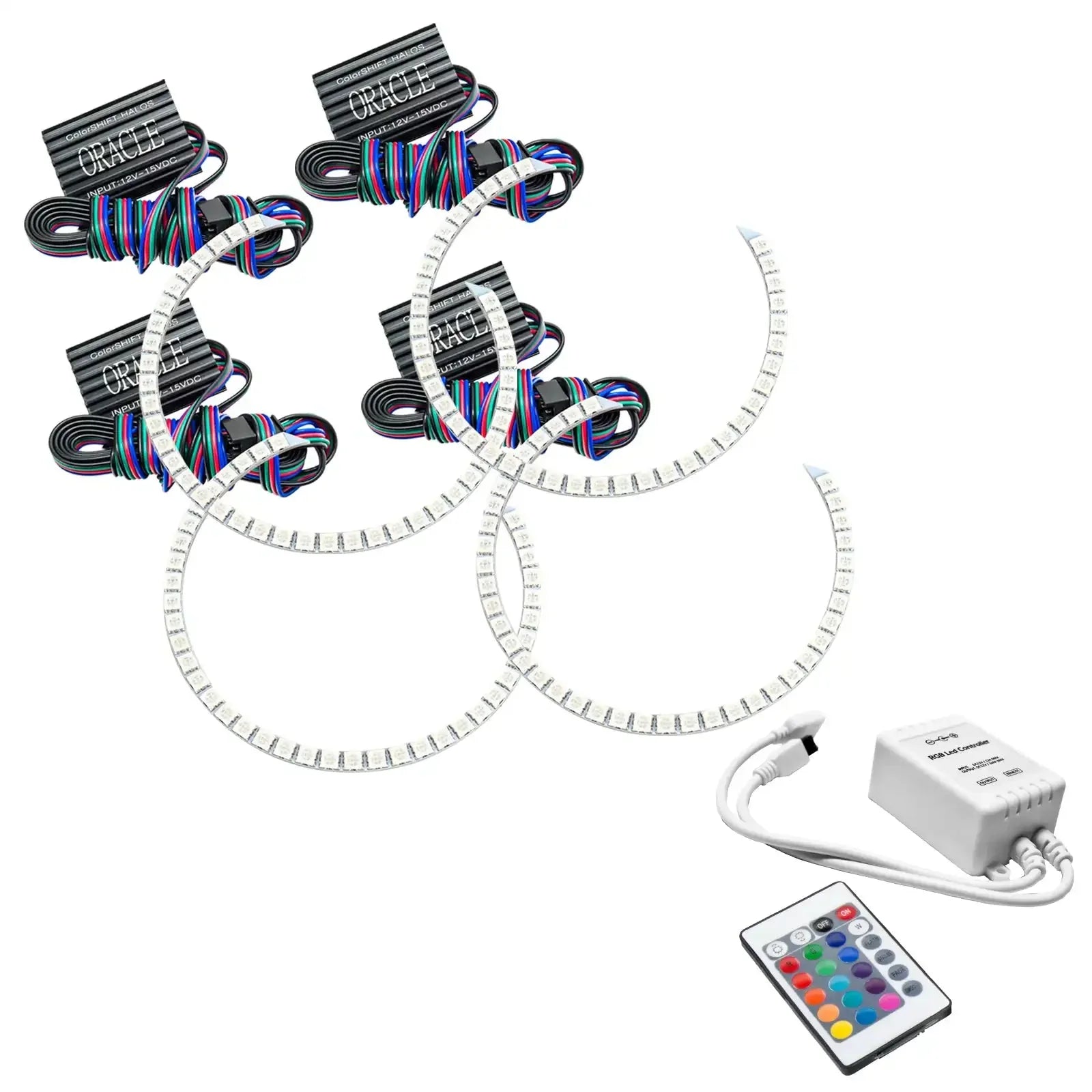 LED RGB halo ring lights kit with wiring, remote, and controller for vehicle headlights