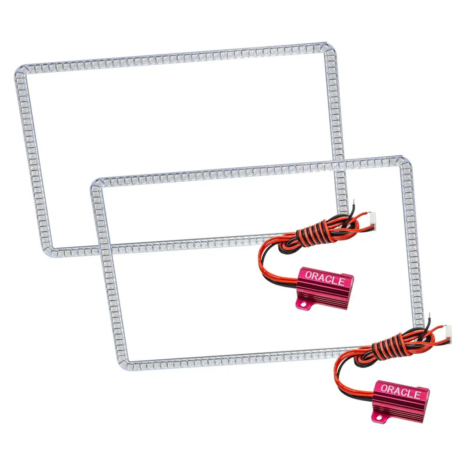 Pair of rectangular LED light halo kits with wiring for vehicle headlights, overlanding gear