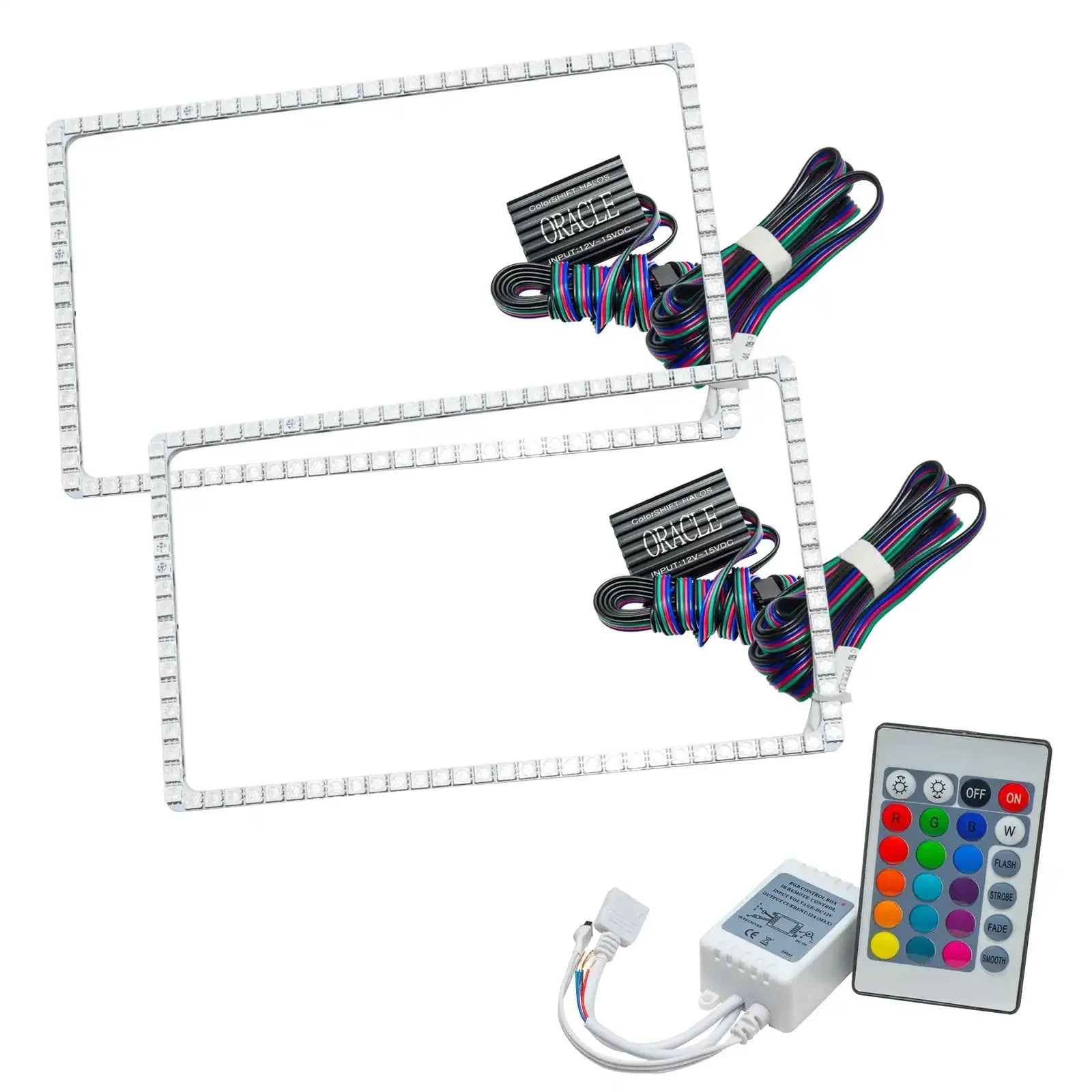 LED RGBW headlight halo kit with wiring, controller, and remote for off-road vehicles