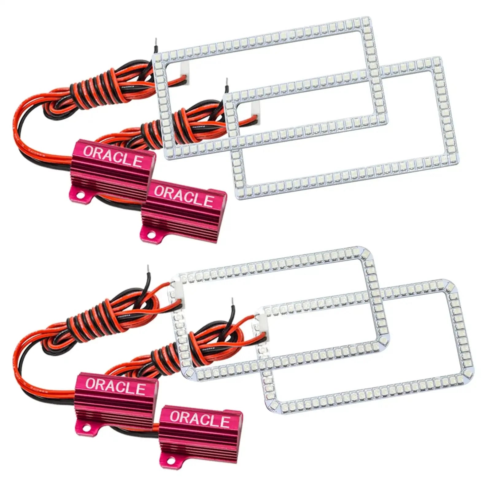 Rectangular white LED halo light kit with red wiring for vehicle headlights and off-road trucks.