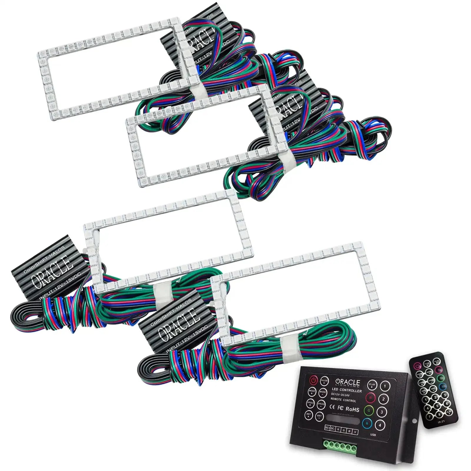 Rectangular LED halo light kit with wiring, remote, and controller for vehicles