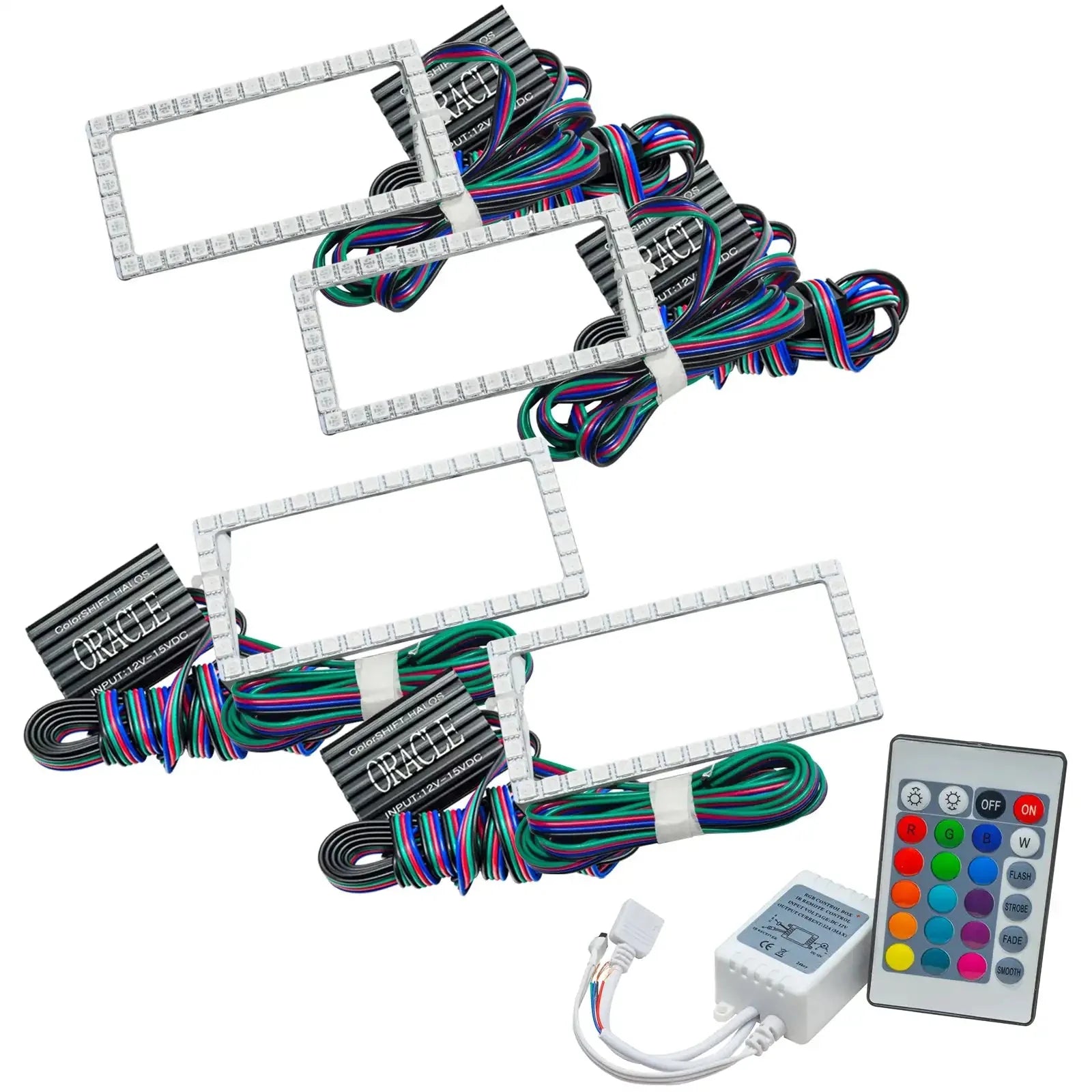 RGBW LED lighting kit with four rectangular LED strips, wiring, remote control, and controller for vehicle headlights or off-road use.