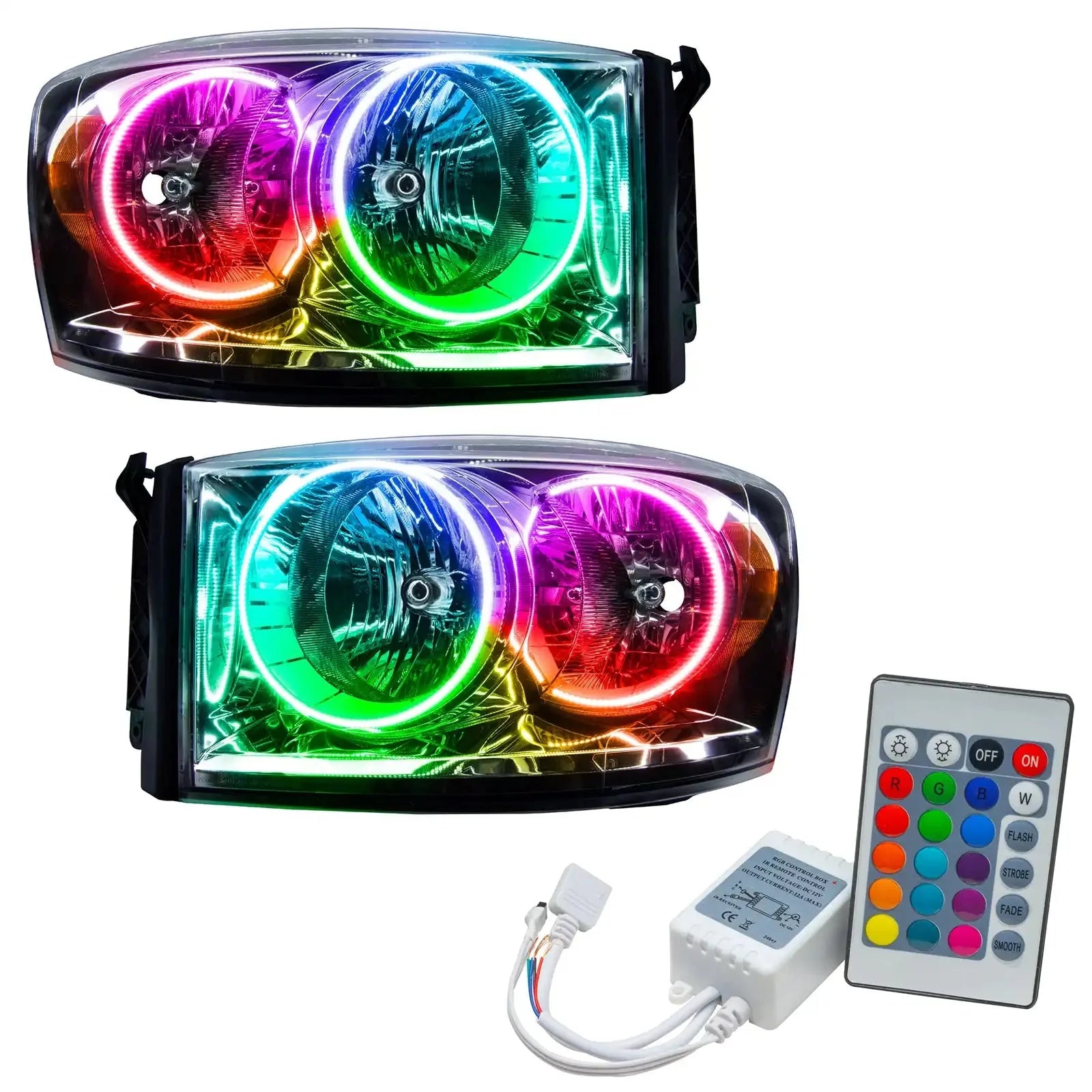 Pair of LED RGB halo headlights with remote, for off-road and expedition vehicles