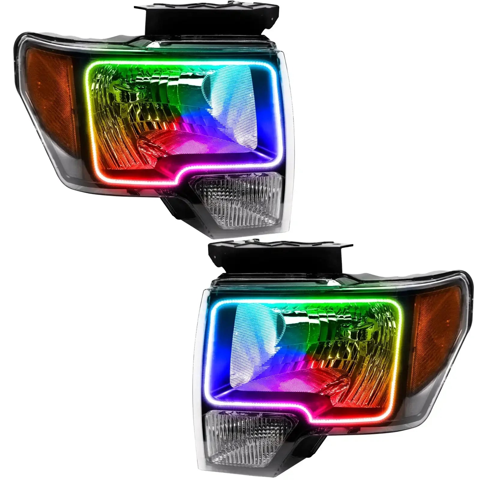 Pair of multicolor LED halo headlights for Toyota Tacoma, angled front view