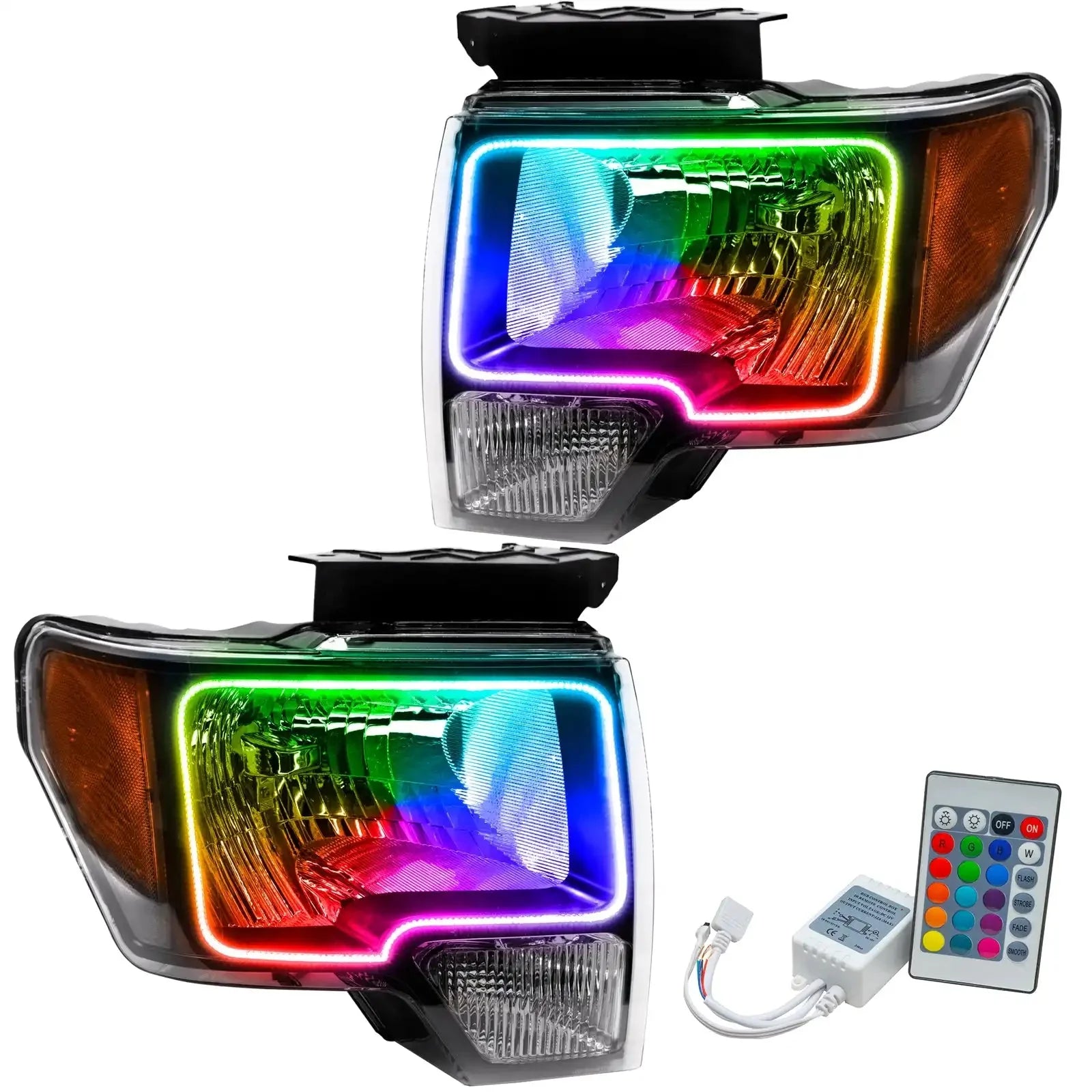 Pair of RGB LED headlight halo kits with remote for off-road vehicles and trucks