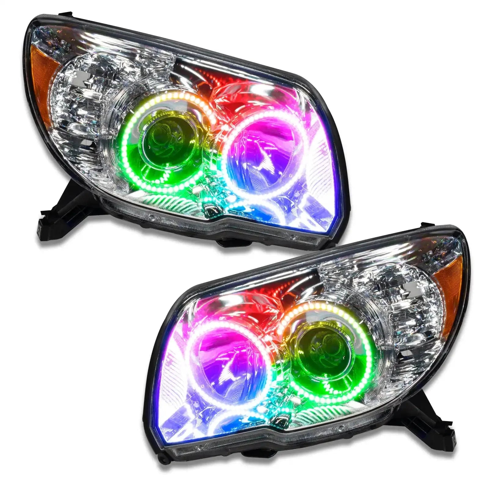 Pair of multi-color LED halo headlights for Toyota Tacoma, clear lens, modern design