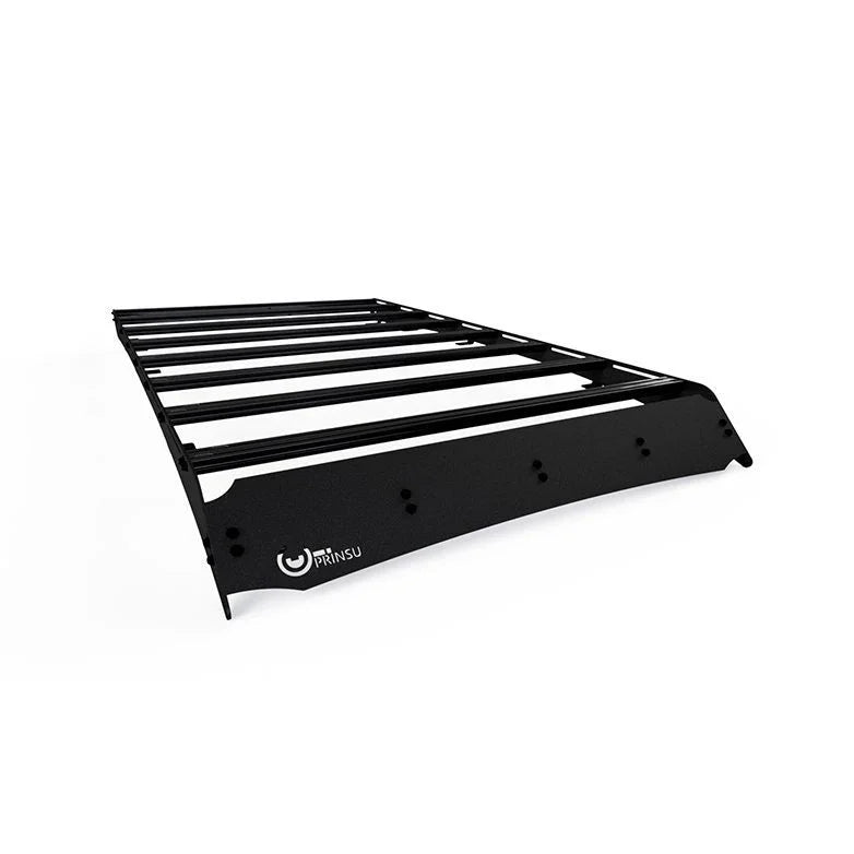Black roof rack platform with crossbars for Subaru Outback, ideal for overlanding gear