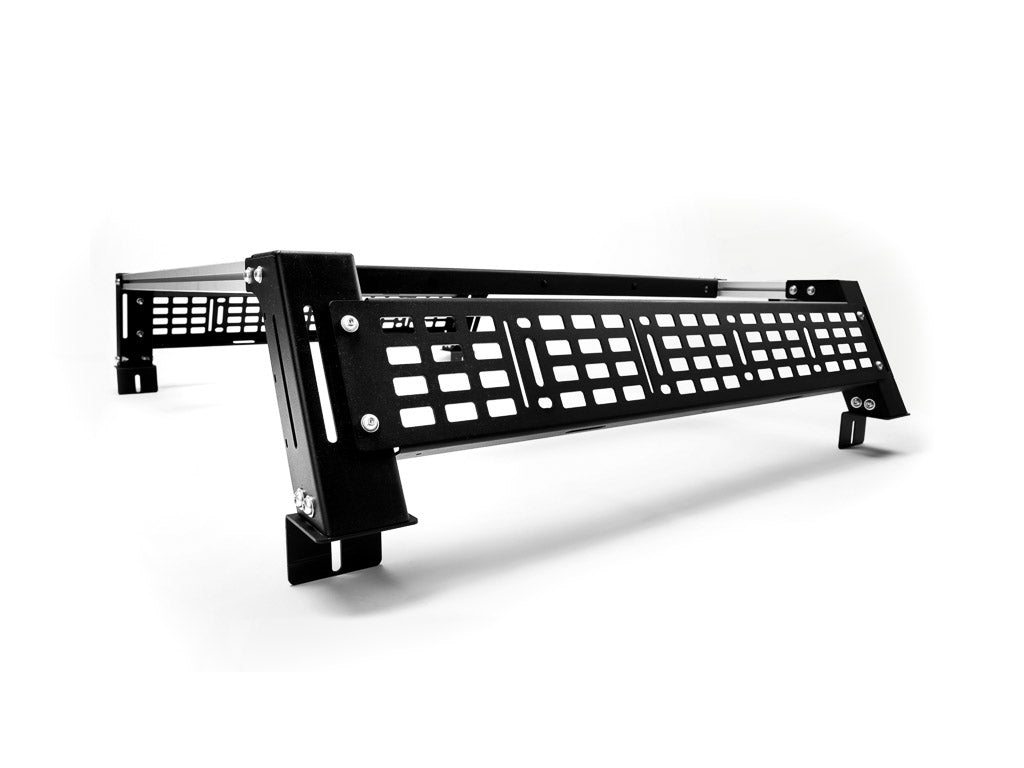 Black overland bed rack for truck, heavy-duty steel with modular panels for off-road gear