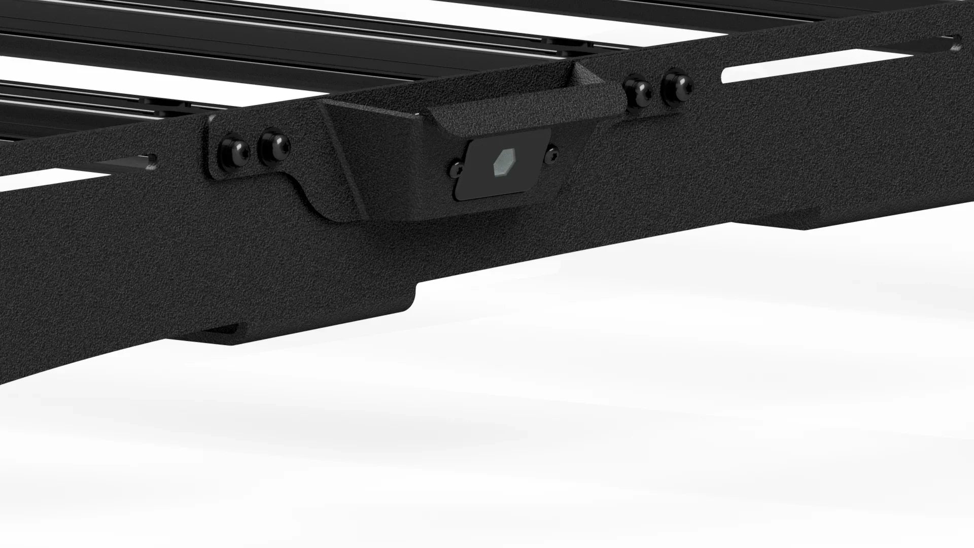 Black textured vehicle roof rack handle with mounting hardware for overlanding gear