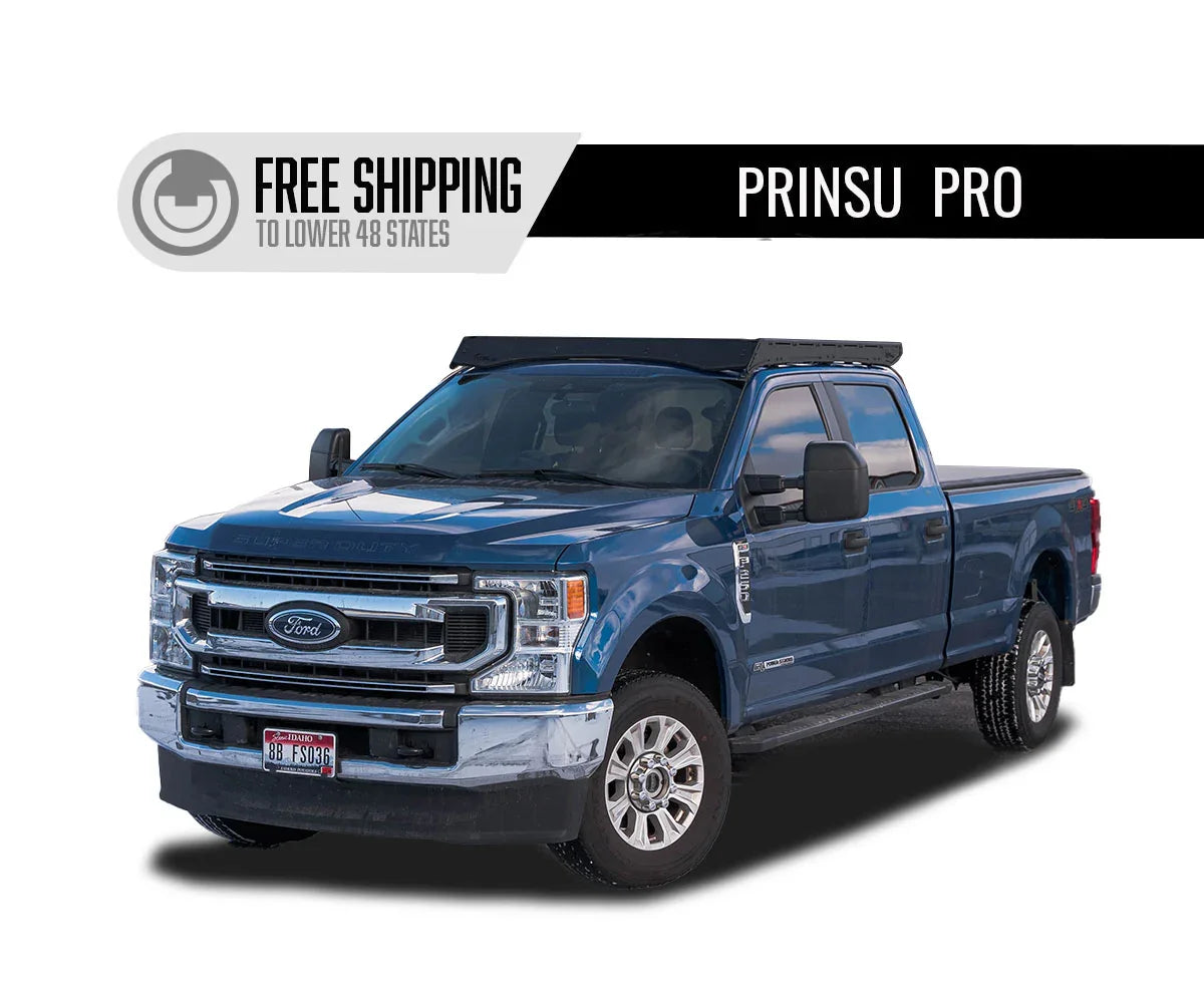 Blue Ford F-250 truck with Prinsu Pro roof rack, ideal for overlanding and camping gear.