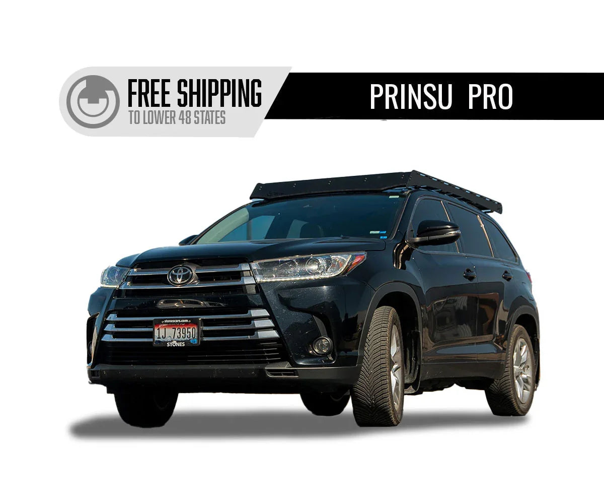 Black Toyota Highlander with Prinsu Pro roof rack, outdoor adventure vehicle accessory