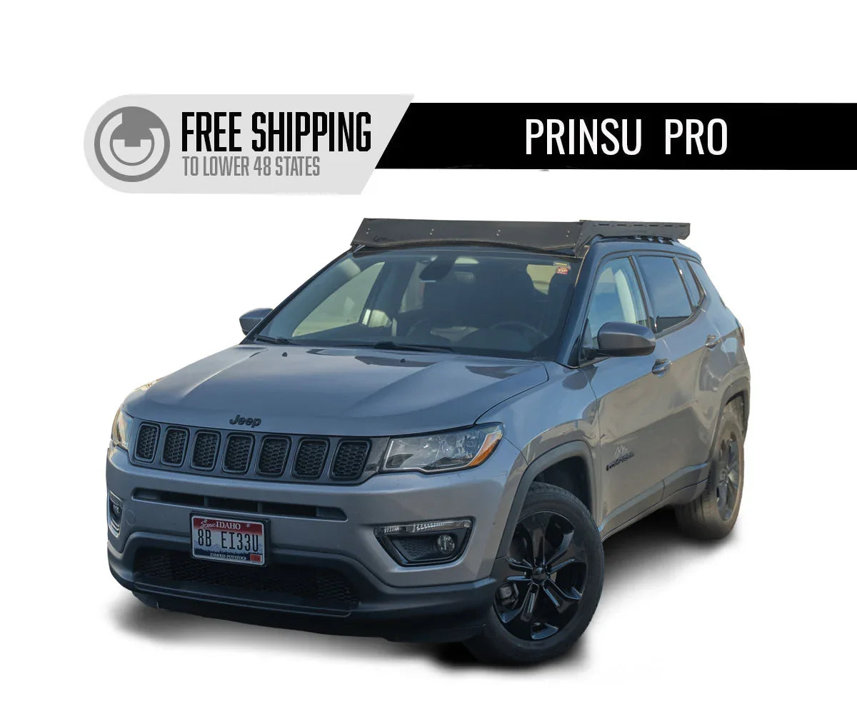Jeep Compass with Prinsu Pro roof rack, rugged vehicle accessory for overlanding and camping