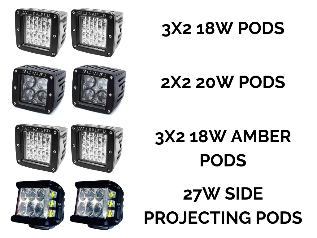 Four types of LED light pods for off-road vehicles, including 3x2 18W, 2x2 20W, 3x2 18W amber, and 27W side projecting pods.