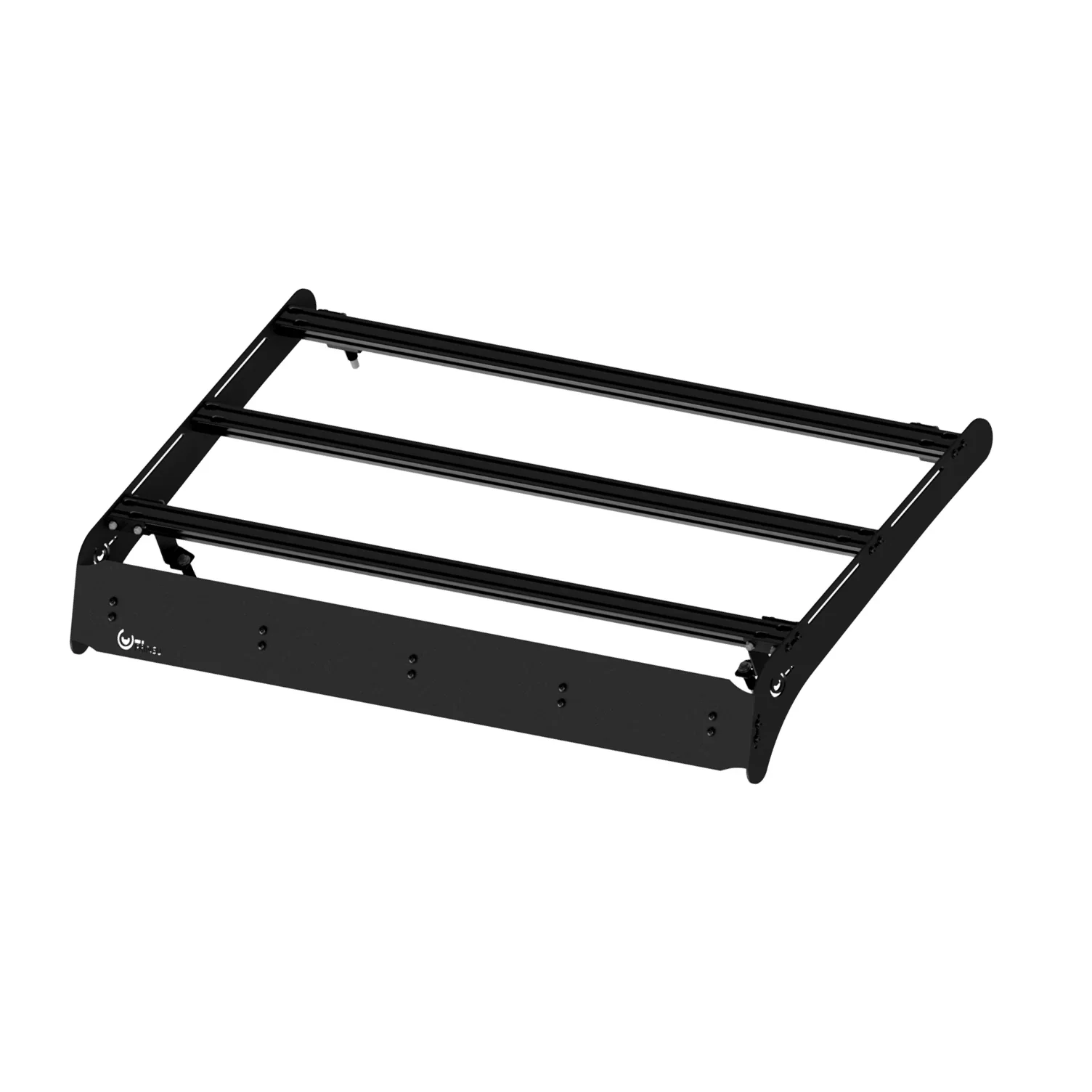 Black modular roof rack for overlanding vehicles, viewed from angled corner