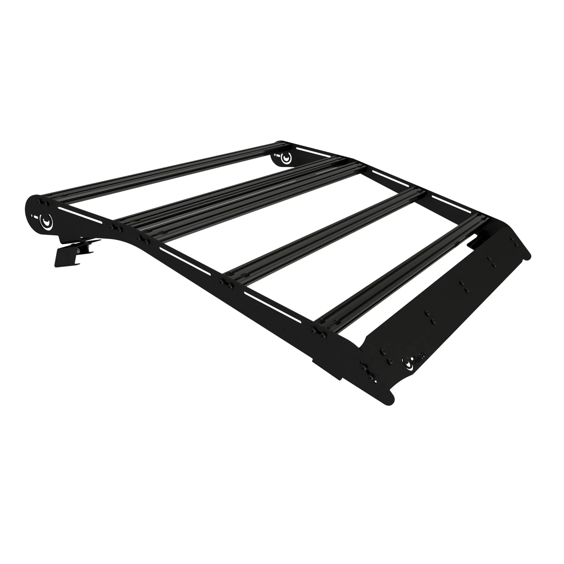 Black metal roof rack for Polaris General 2-seat, angled front corner view