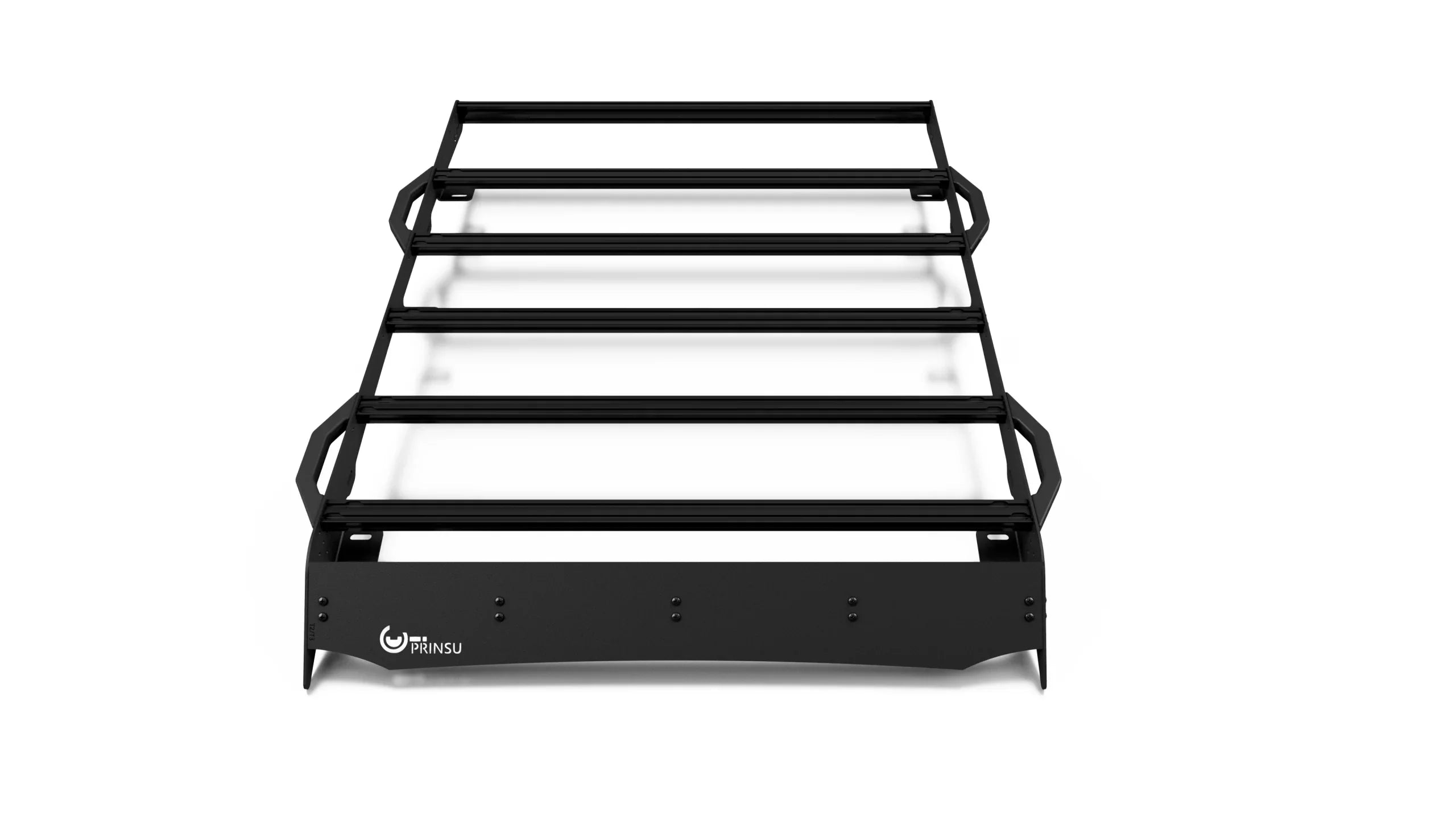 Black Prinsu roof rack with machined handles for overlanding vehicles, front view