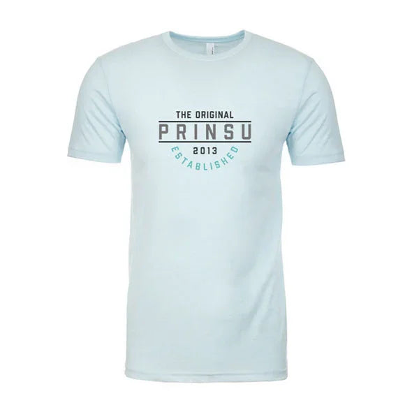Ice blue short sleeve t-shirt with 'The Original Prinsu Established 2013' graphic on chest.