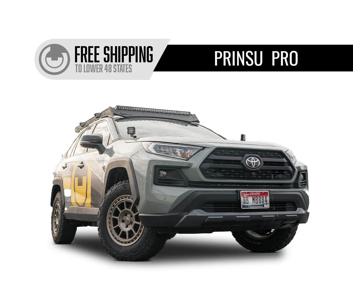 Toyota RAV4 with Prinsu Pro roof rack, off-road tires, overland setup, free shipping banner