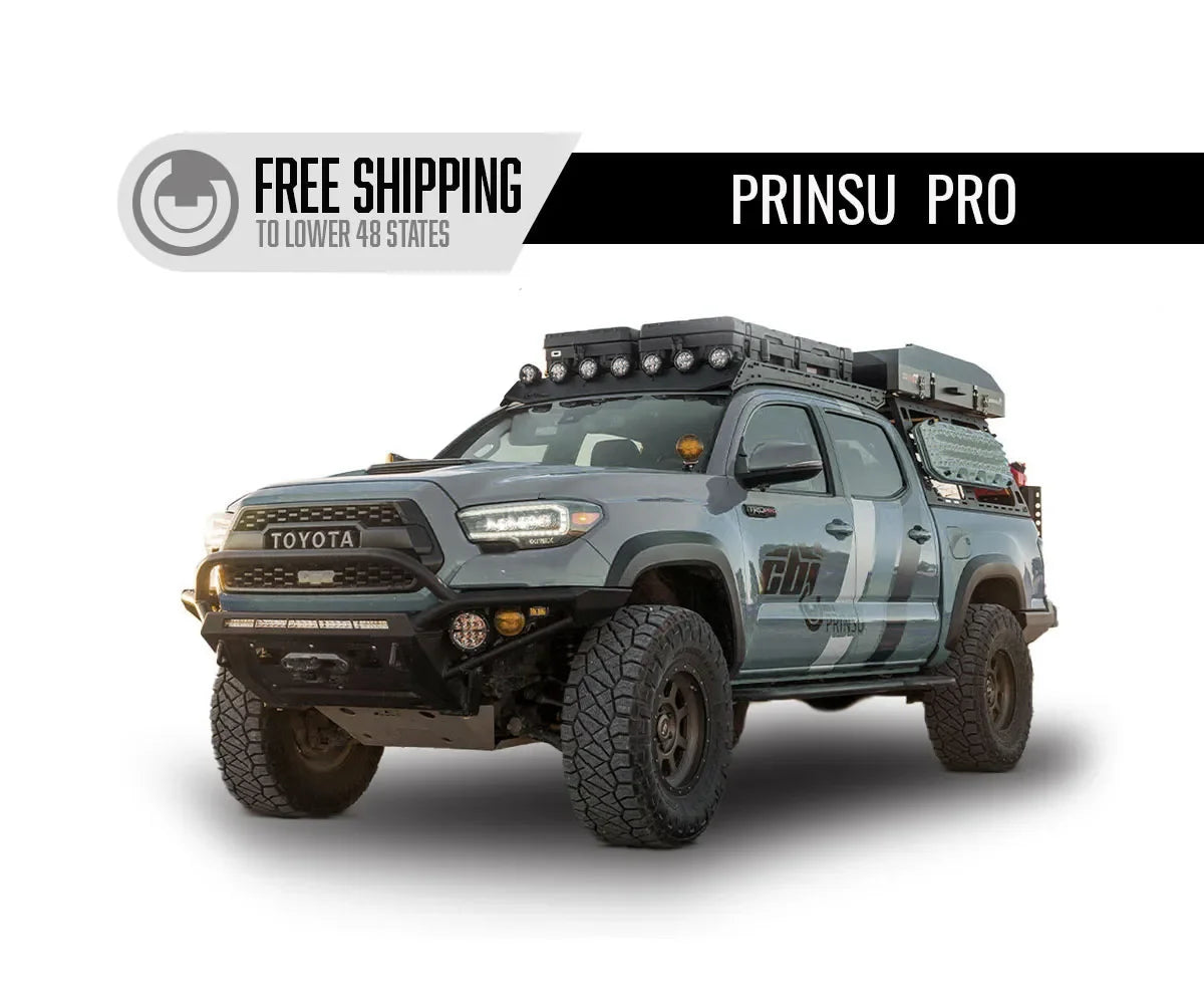 Toyota Tacoma overland truck with Prinsu Pro roof rack, off-road tires, expedition gear, and rooftop lights