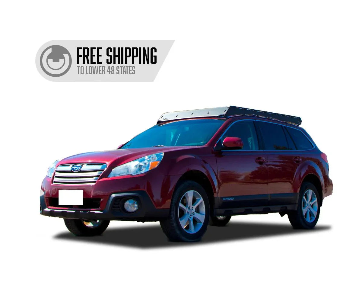 Roof rack installed on red Subaru Outback 4th gen, overlanding accessory