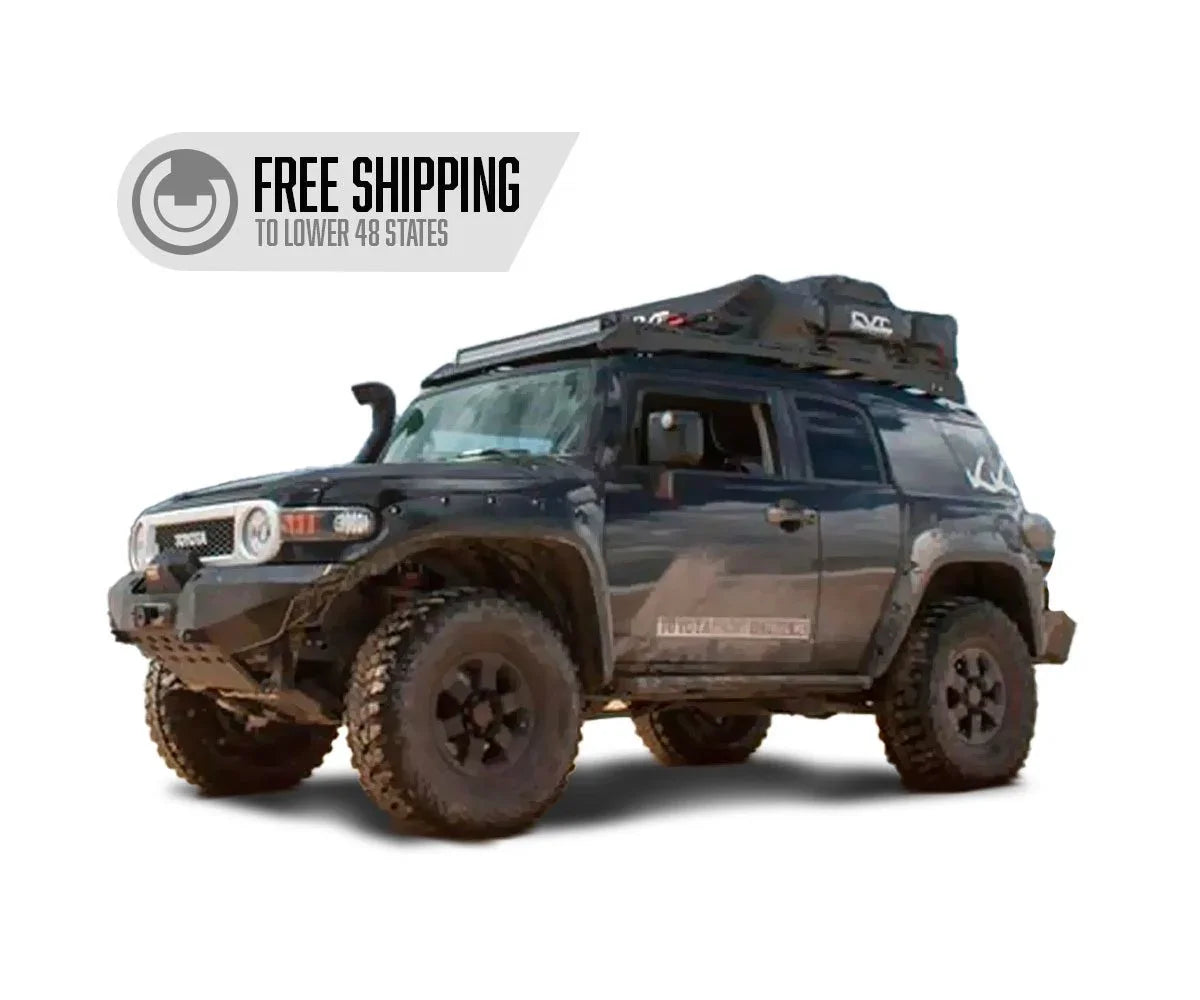 Toyota FJ Cruiser with roof rack and camping gear, off-road ready, free shipping offer