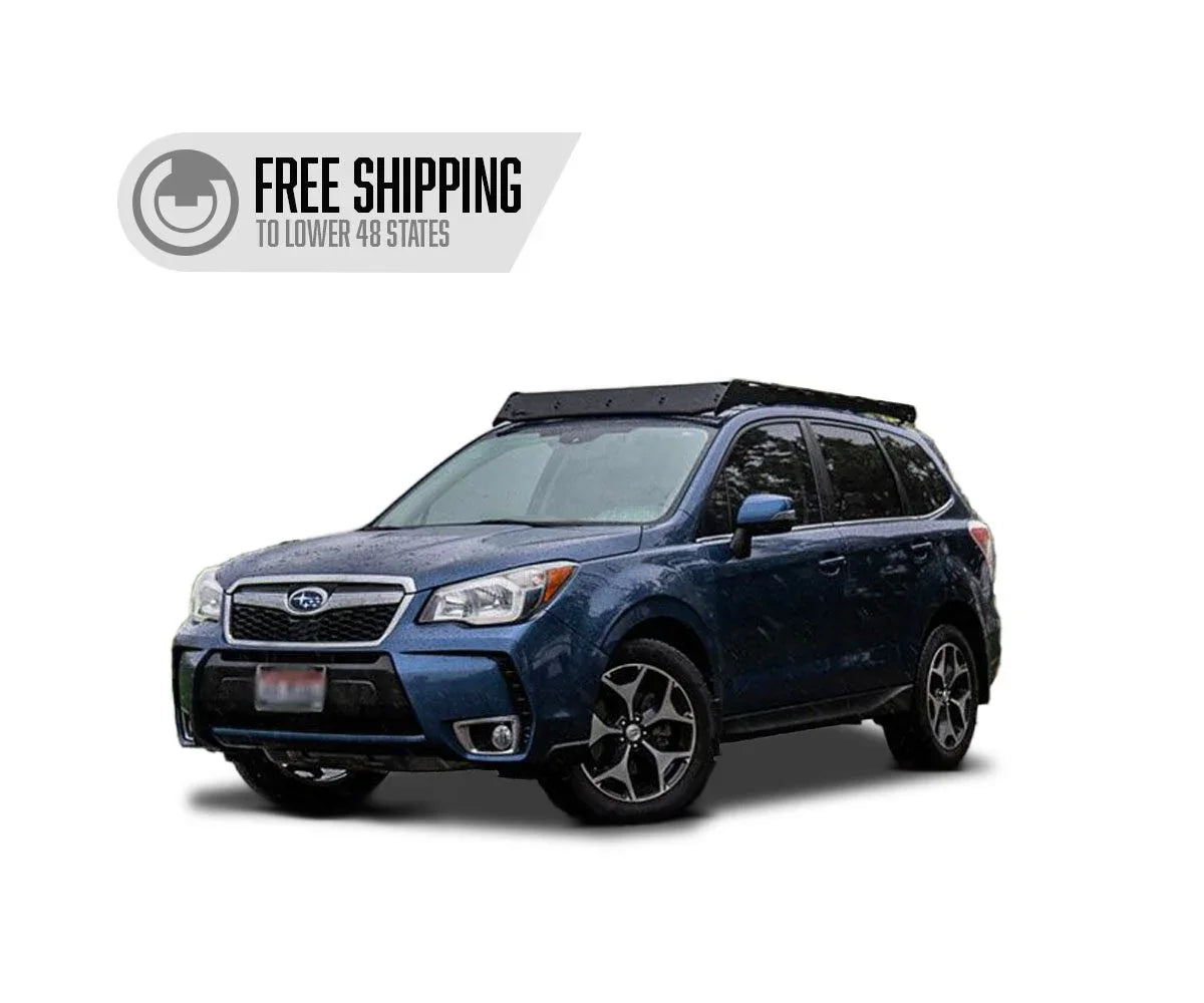 Subaru Forester with roof rack for overlanding, free shipping offer highlighted