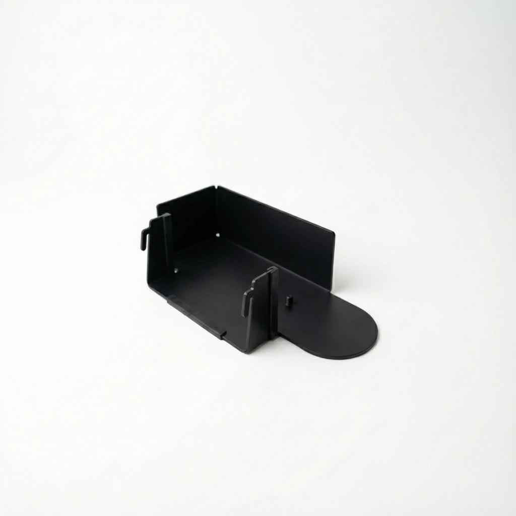 Black metal vehicle accessory mounting bracket for overlanding or expedition gear