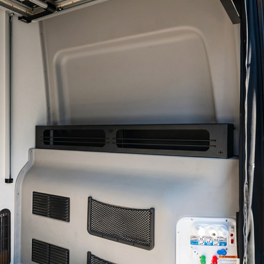 Overland vehicle interior storage shelf and utility panel with vents and mesh pockets